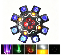 Holofote Moving Head 200W com 8 braços, efeito olho de abelha, iluminação de palco para DJ com suporte DMX512, luz de festa LED RGBW 4-em-1 com controlo remoto para casamentos, bares, clubes e discotecas.