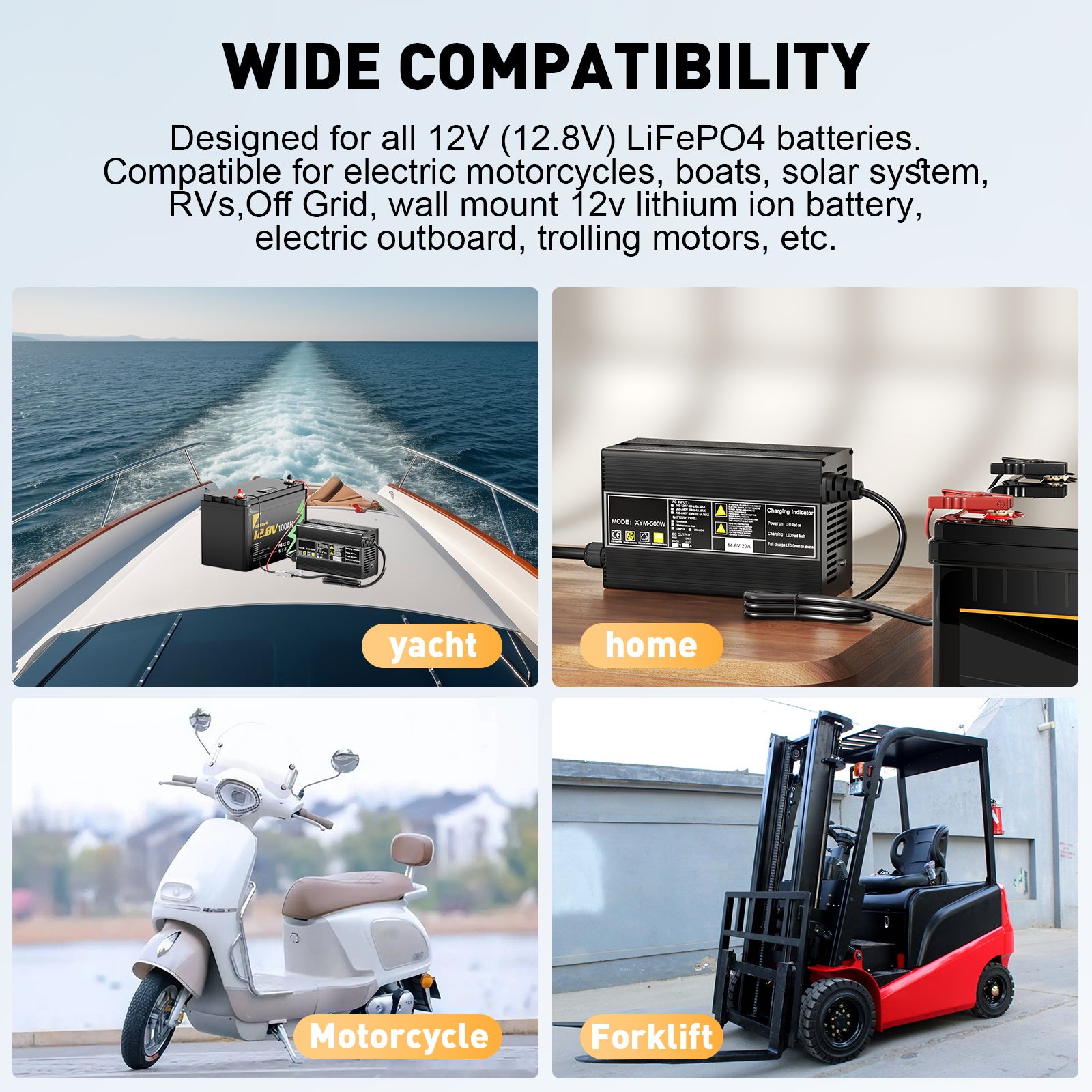 Noeifevo 14,6 V 20 A LiFePO4 batería  de Cargador para batería de litio LiFePO4 de 12 V y 12,8 V, activación BMS de 0 V, apagado automático, carcasa de aleación de aluminio