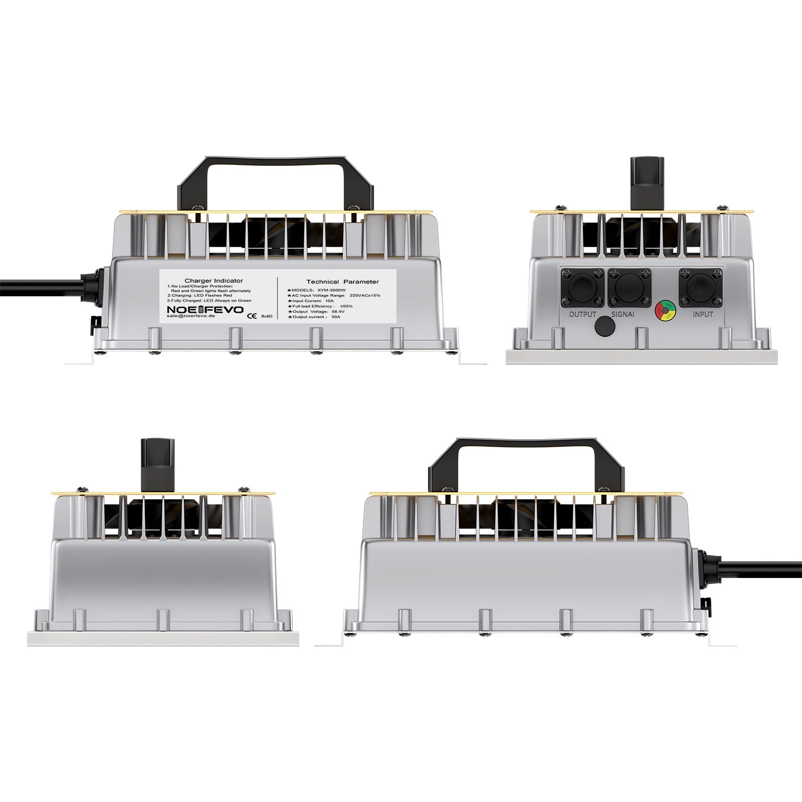 NOEIFEVO 58.4V 50A LiFePO4 batterilader for 51.2V (48V) 16S LiFePO4 batteri, vanntett, 0V BMS aktivert