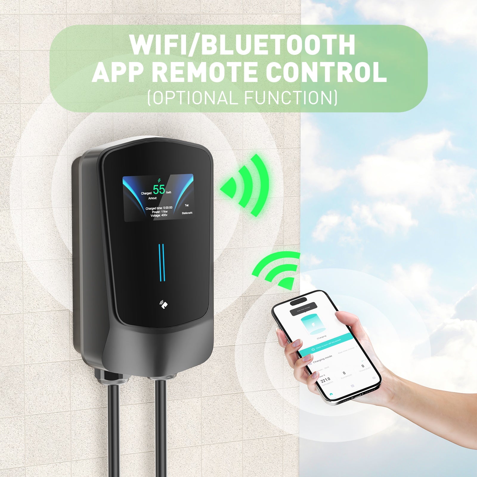 Noeifevo Q6 7KW 11KW 22KW EV wallbox ladestasjon, 5M hurtigladekabel vanntett, WiFi valgfritt