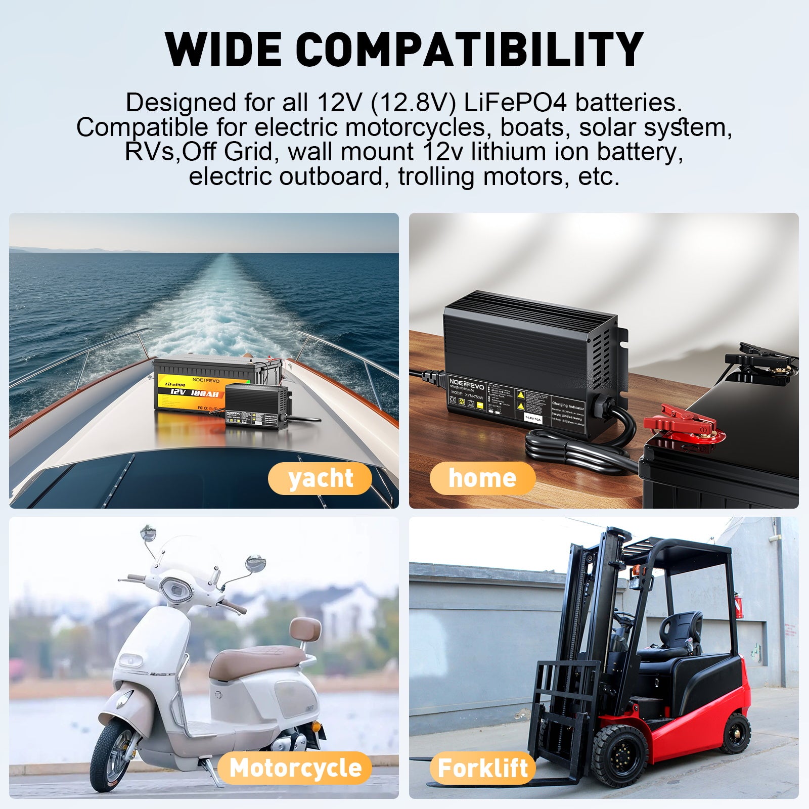 Noeifevo 14,6 V 50A Carregador rápido de bateria de lítio LiFePO4 para bateria LiFePO4 de 12 V (12,8 V), ativação de 0 V BMS, desligamento automático com proteção total