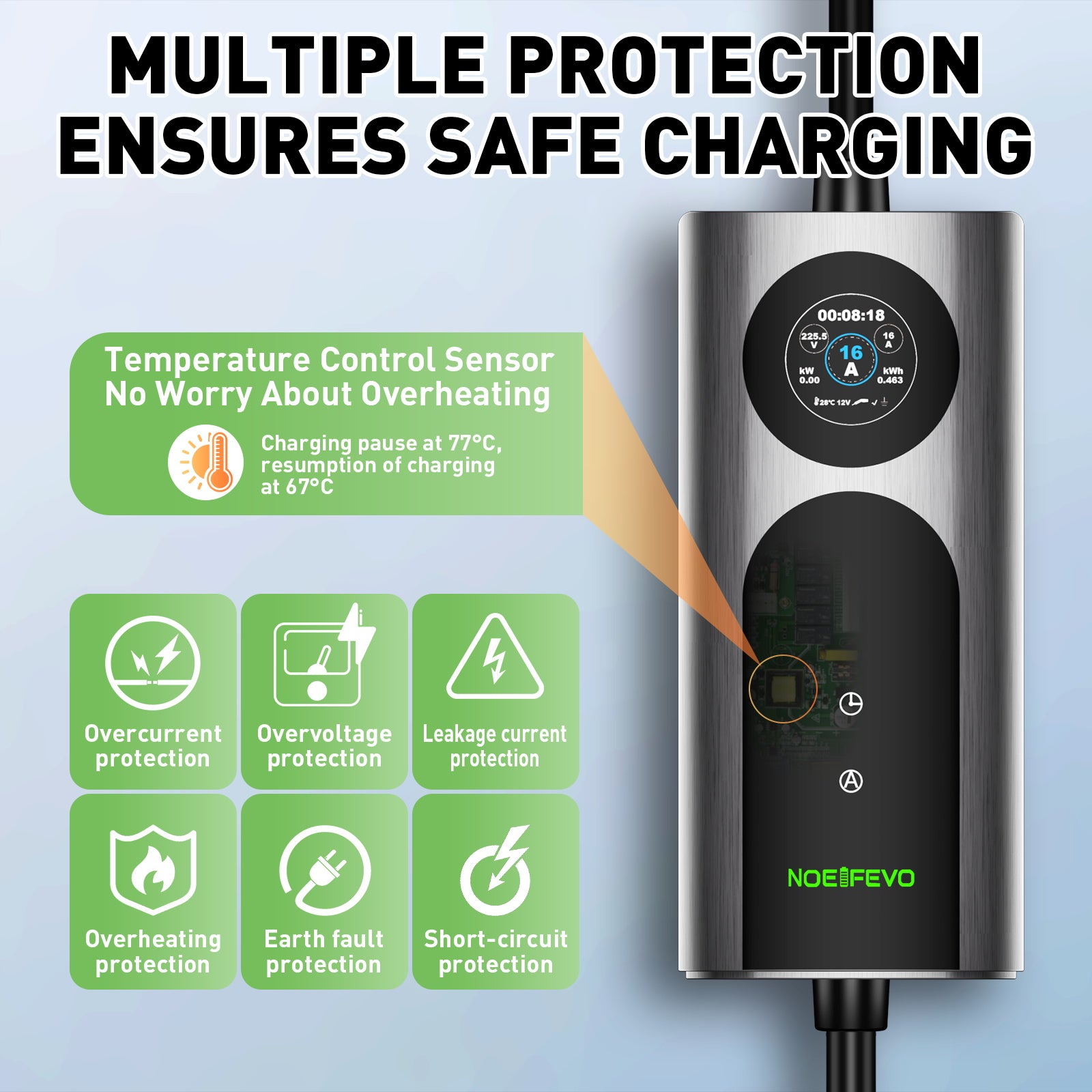NOEIFEVO CY01 Type 2 ladekabel Schuko 220V, 3,7kW mobil wallbox med APP, 6-16A 1-faset ladekabel til elbil for alle EVs (IEC 62196-2) & PHEVs