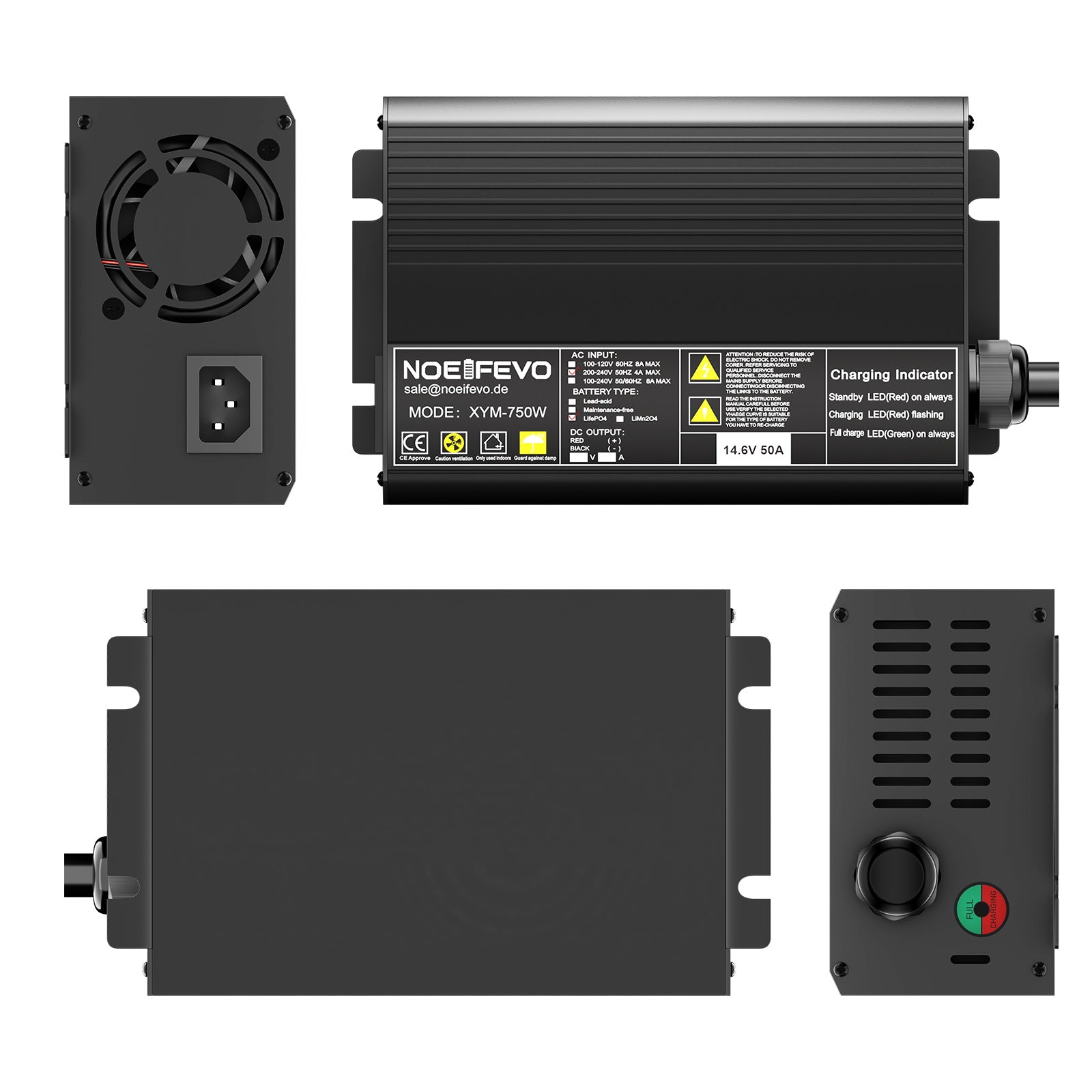 Noeifevo 14,6V 50A Rychlá nabíječka lithiových baterií LiFePO4 pro 12V (12,8V) LiFePO4 baterii, 0V BMS aktivace, automatické vypnutí s plnou ochranou