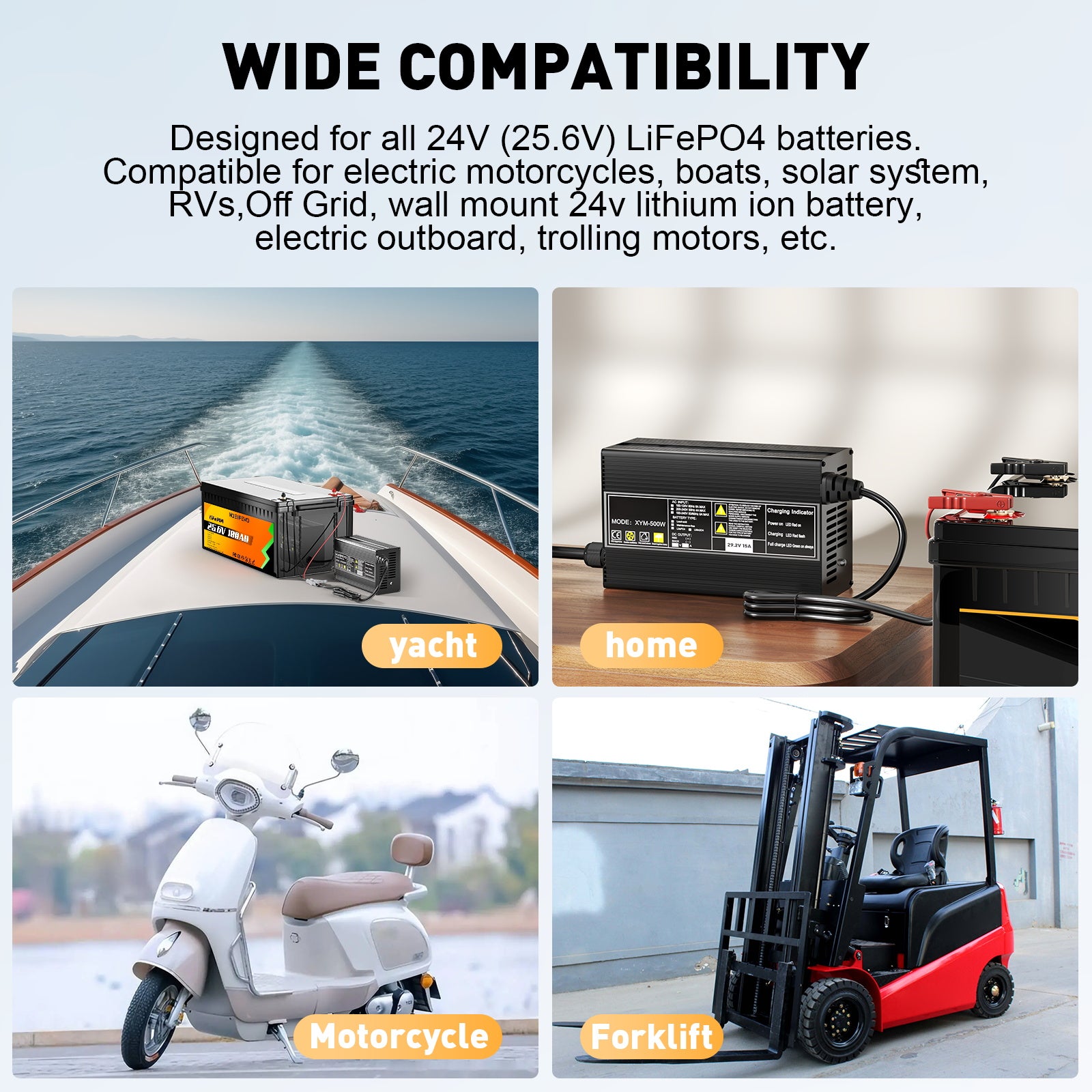 Noeifevo 29,2 V 15 A LiFePO4 Ładowarka akumulatorów  do akumulatorów litowych 24 V 25,6 V, aktywacja BMS 0 V, automatyczne wyłączanie z pełną ochroną