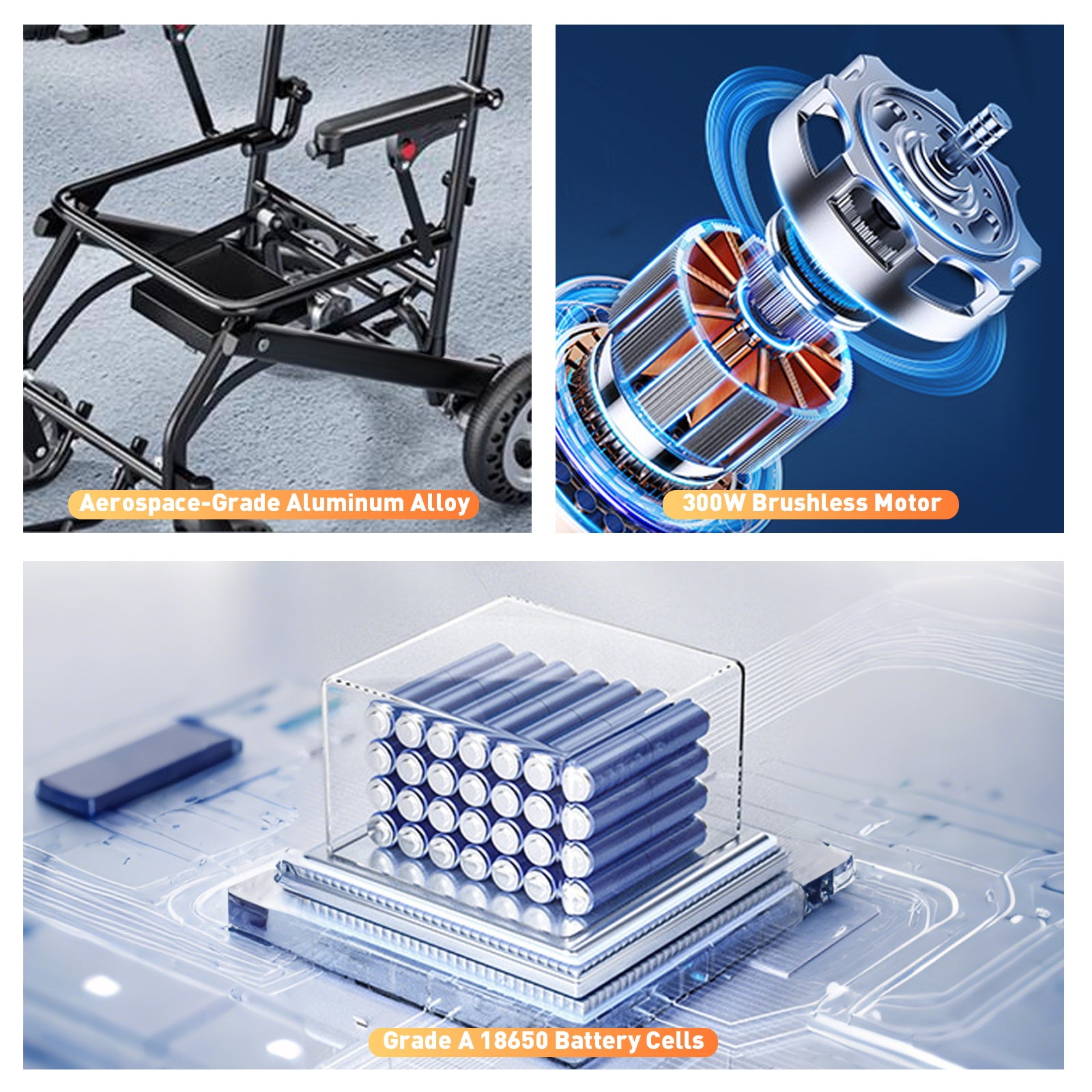 Elektrisk rullestol – 13.6kg, 300W motor, avtakbart litiumbatteri, elektromagnetisk brems, 100kg bæreevne, lett, sammenleggbar, ideell for reise og hverdag