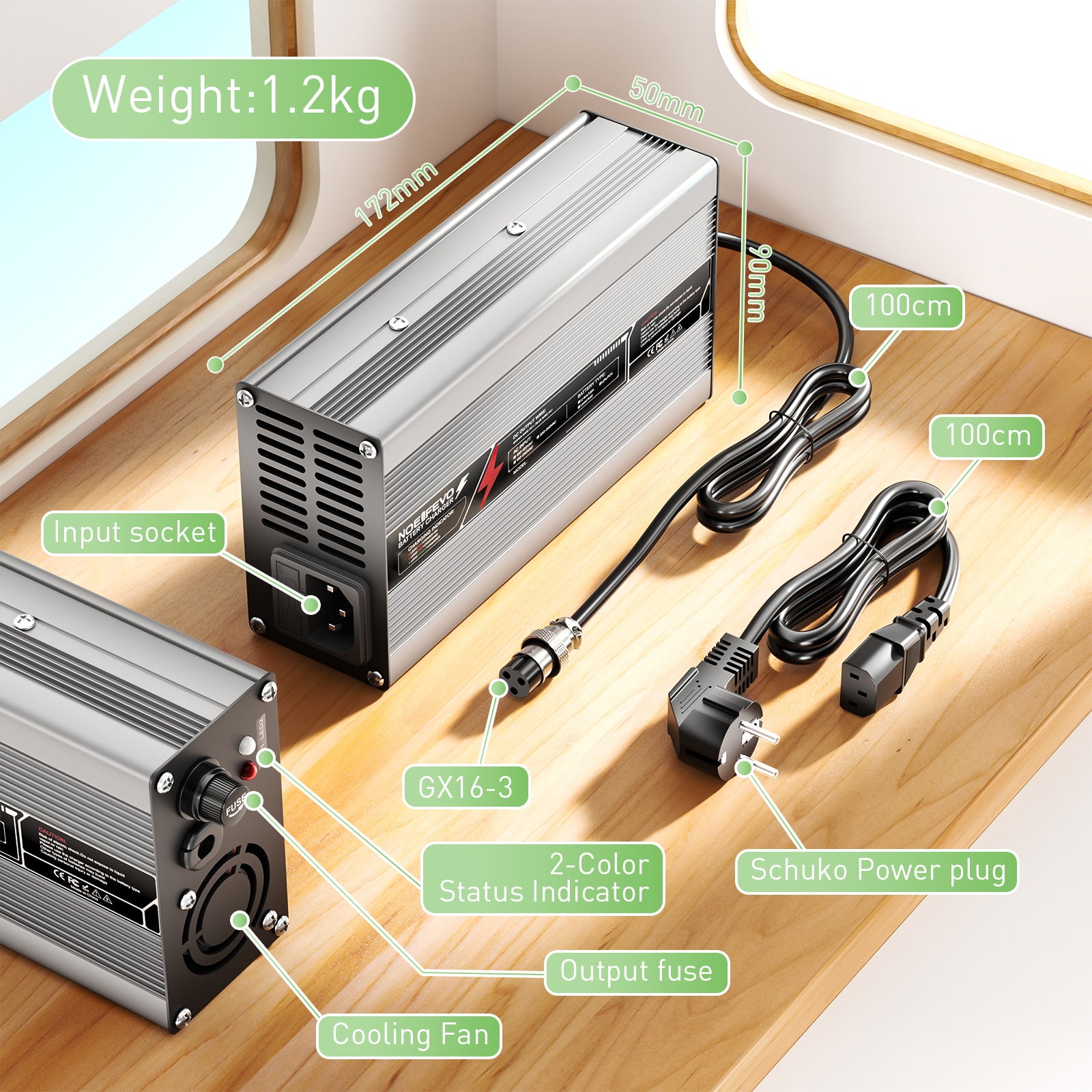 NOEIFEVO 50,4V 8A מטען סוללות ליתיום עבור סוללת 44,4V 12S, כיבוי אוטומטי, גוף אלומיניום, עם מאוורר (כסף)