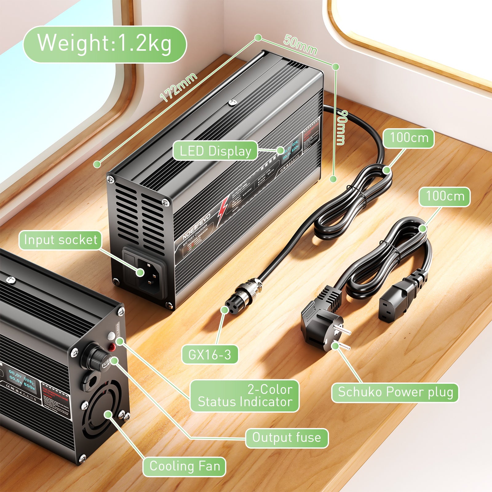 Caricabatterie NOEIFEVO 73V 6A LiFePO4 per batteria al litio LiFePO4 20S 64.0V, display LED, custodia in alluminio.
