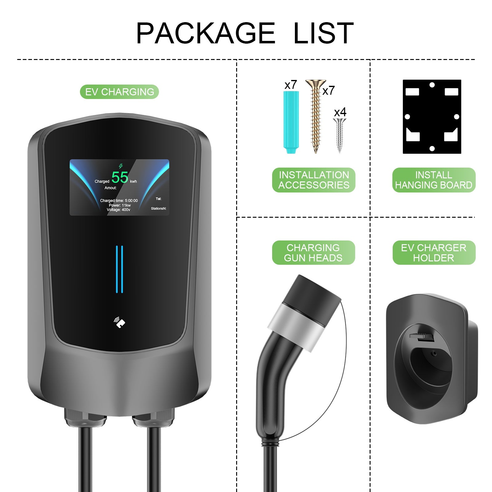 Noeifevo Q6 7KW 11KW 22KW EV wallbox ladestasjon, 5M hurtigladekabel vanntett, WiFi valgfritt