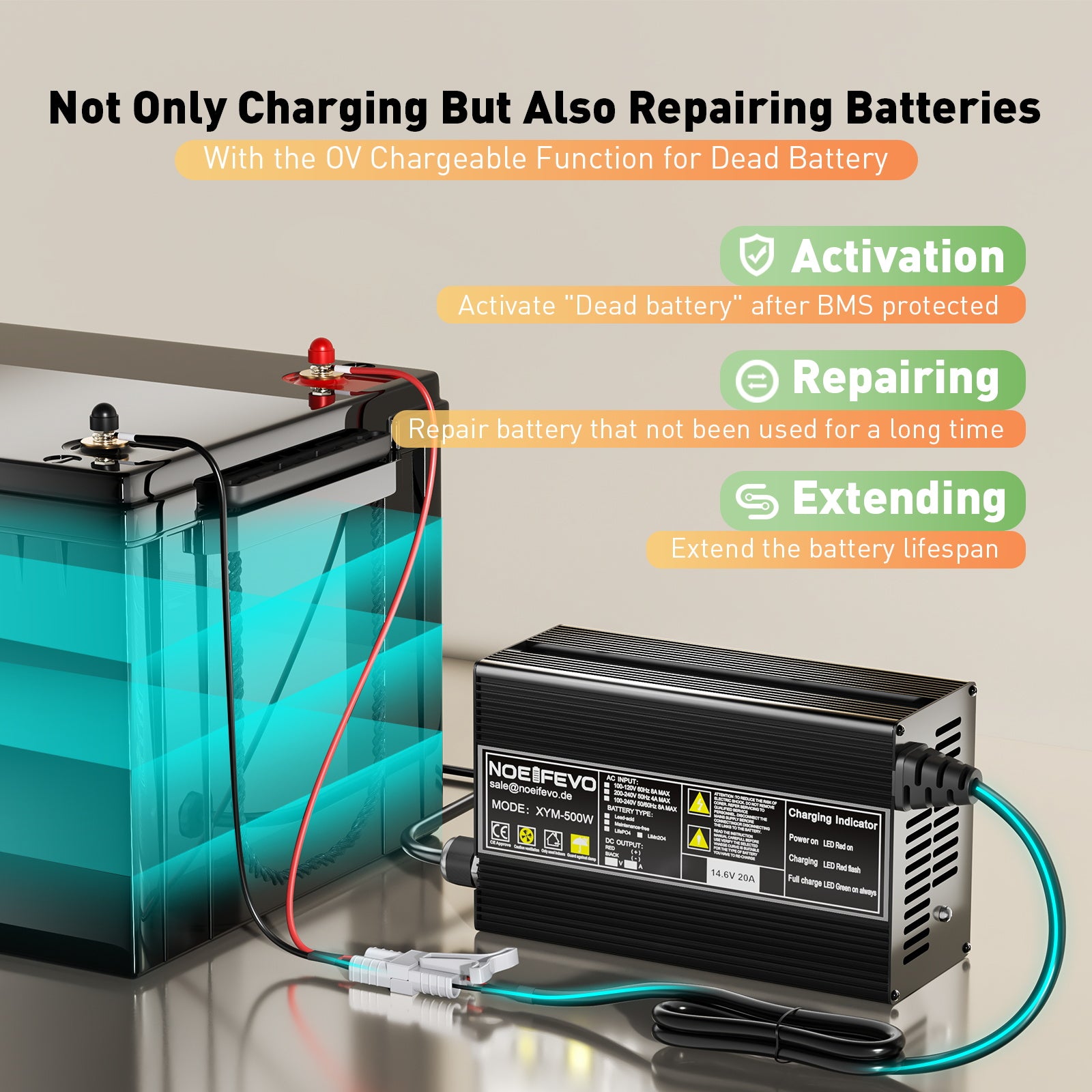 Noeifevo 14,6 V 20 A LiFePO4 batería  de Cargador para batería de litio LiFePO4 de 12 V y 12,8 V, activación BMS de 0 V, apagado automático, carcasa de aleación de aluminio