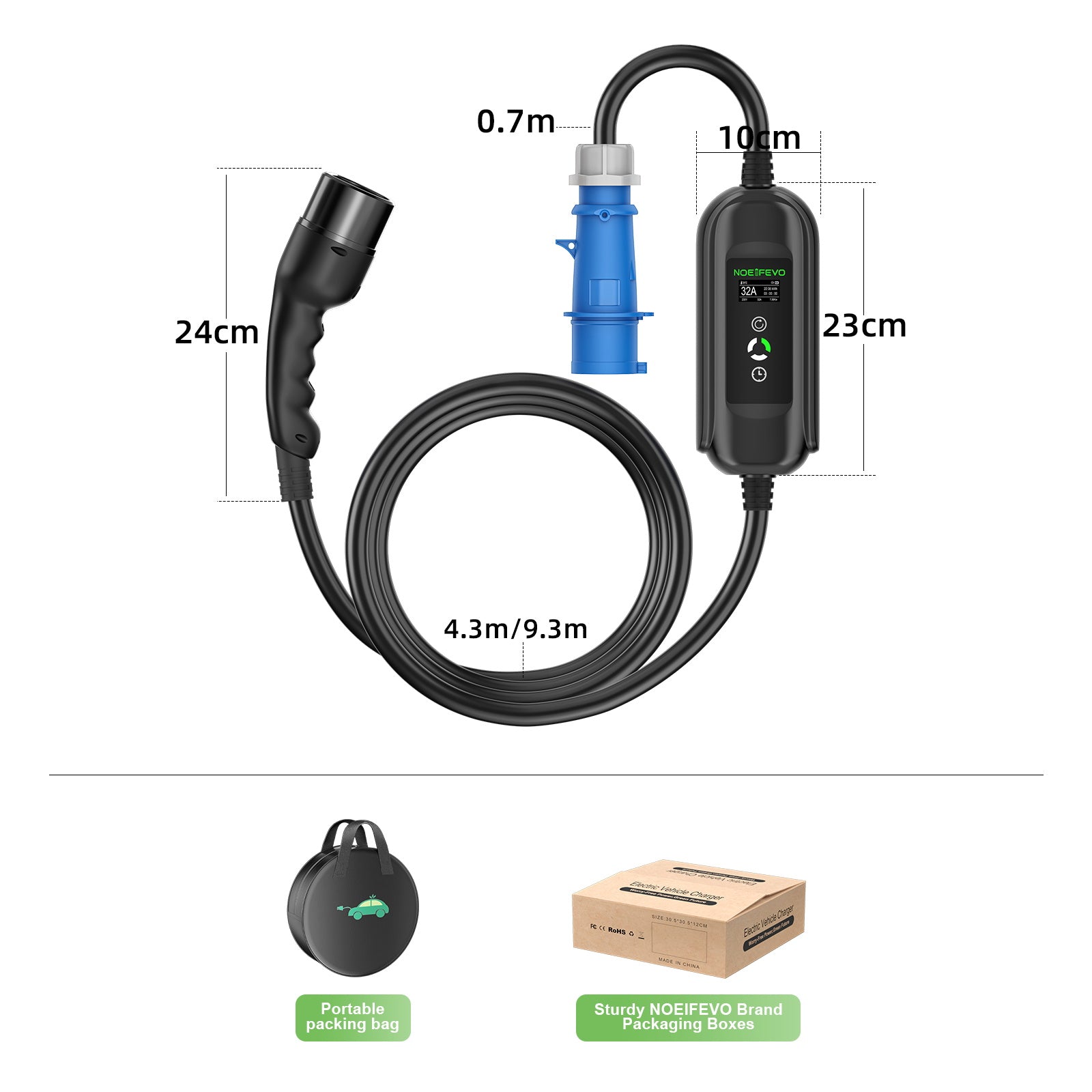 NOEIFEVO 7,2KW EV ladekabel, type 2 32A 1 fase EV lader, mobil EVSE ladestasjon med CEE Blue plugg
​