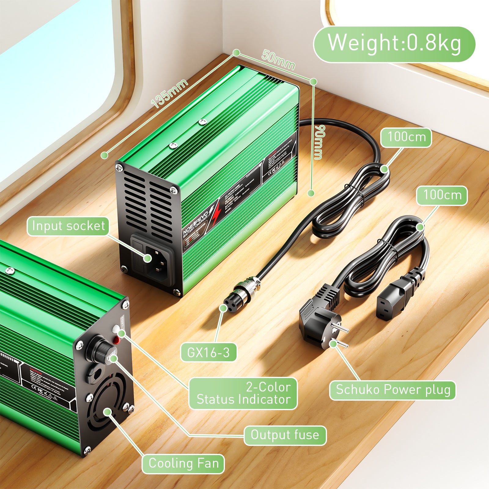 NOEIFEVO 12,6V 5A 6A 7A 8A 10A litiumlader for 3S 11,1V Li-Ion Lipo-batterier, kjølevifte, automatisk avstenging (GRØNN)