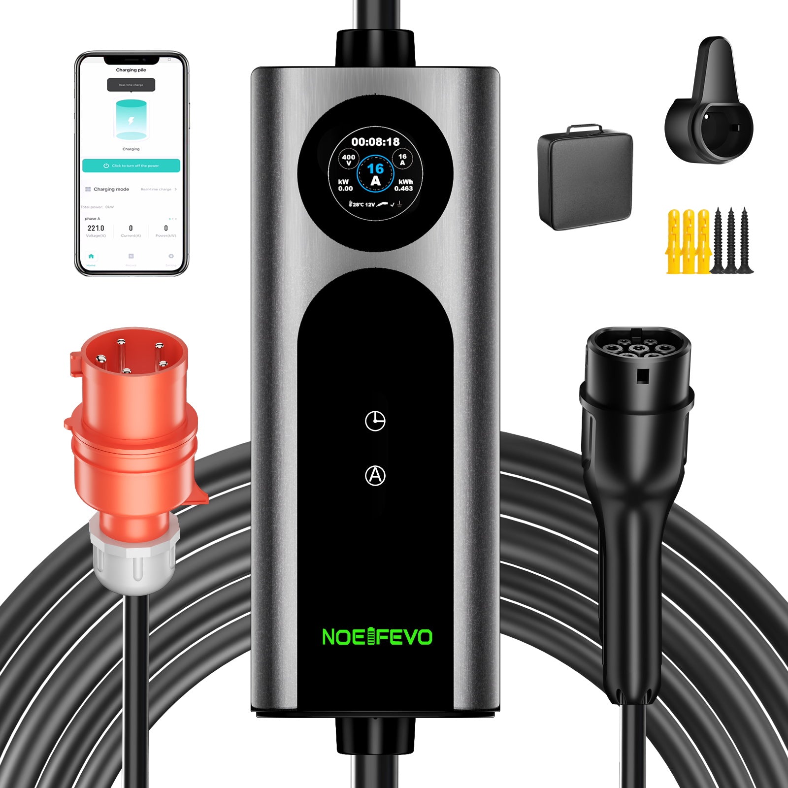 Noeifevo Type 2 Mobil EV Wallbox, 11KW 3-fase CEE16A Justerbar Ladeeffekt EV-lader, 5m/10m/15m EV-ladekabel for Model Y/3, ID.3/4/5, MG4, EX30, e-up, e-tron, Zoe og andre EV-er.
