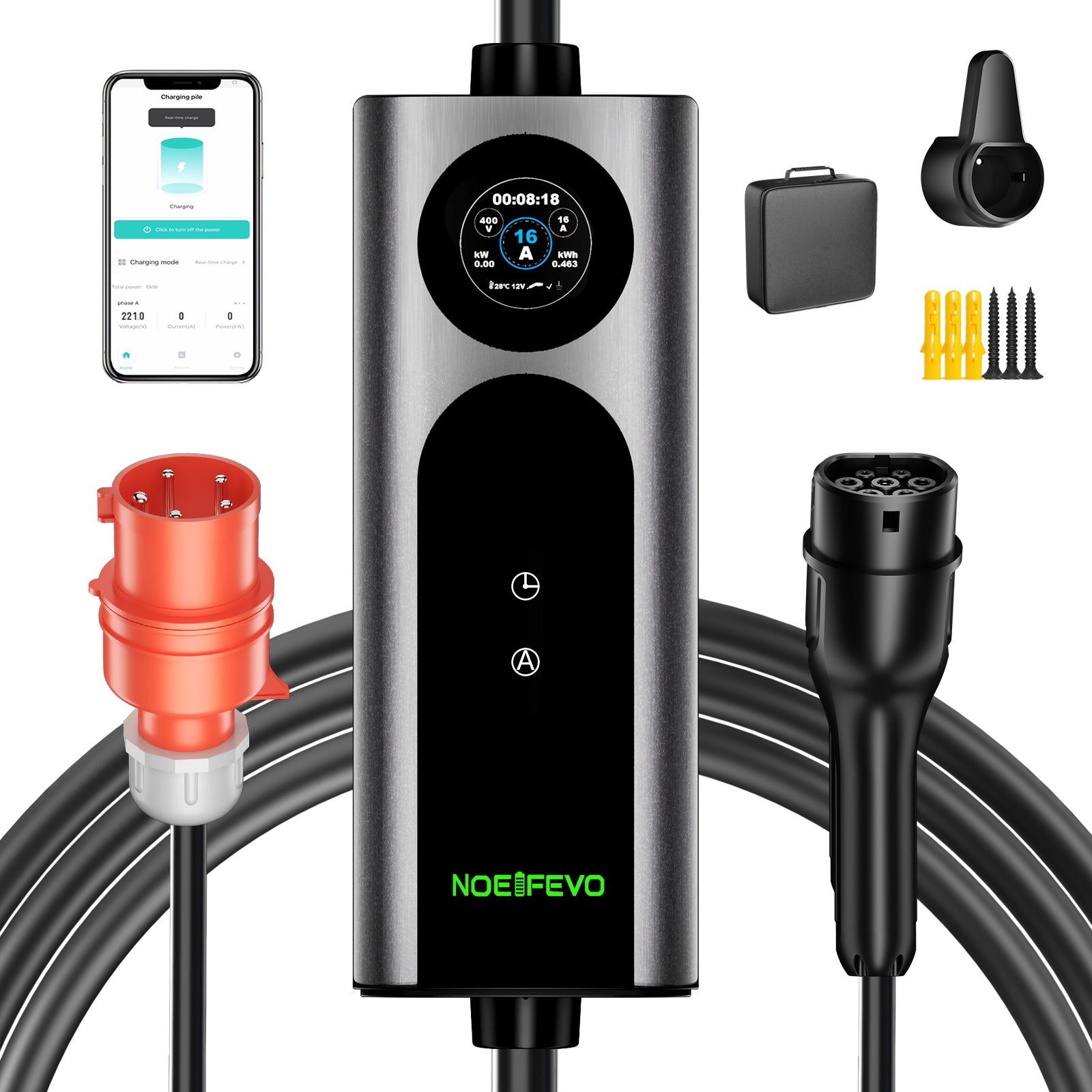 Noeifevo Type 2 Mobil EV Wallbox, 11KW 3-fase CEE16A Justerbar Ladeeffekt EV-lader, 5m/10m/15m EV-ladekabel for Model Y/3, ID.3/4/5, MG4, EX30, e-up, e-tron, Zoe og andre EV-er.
