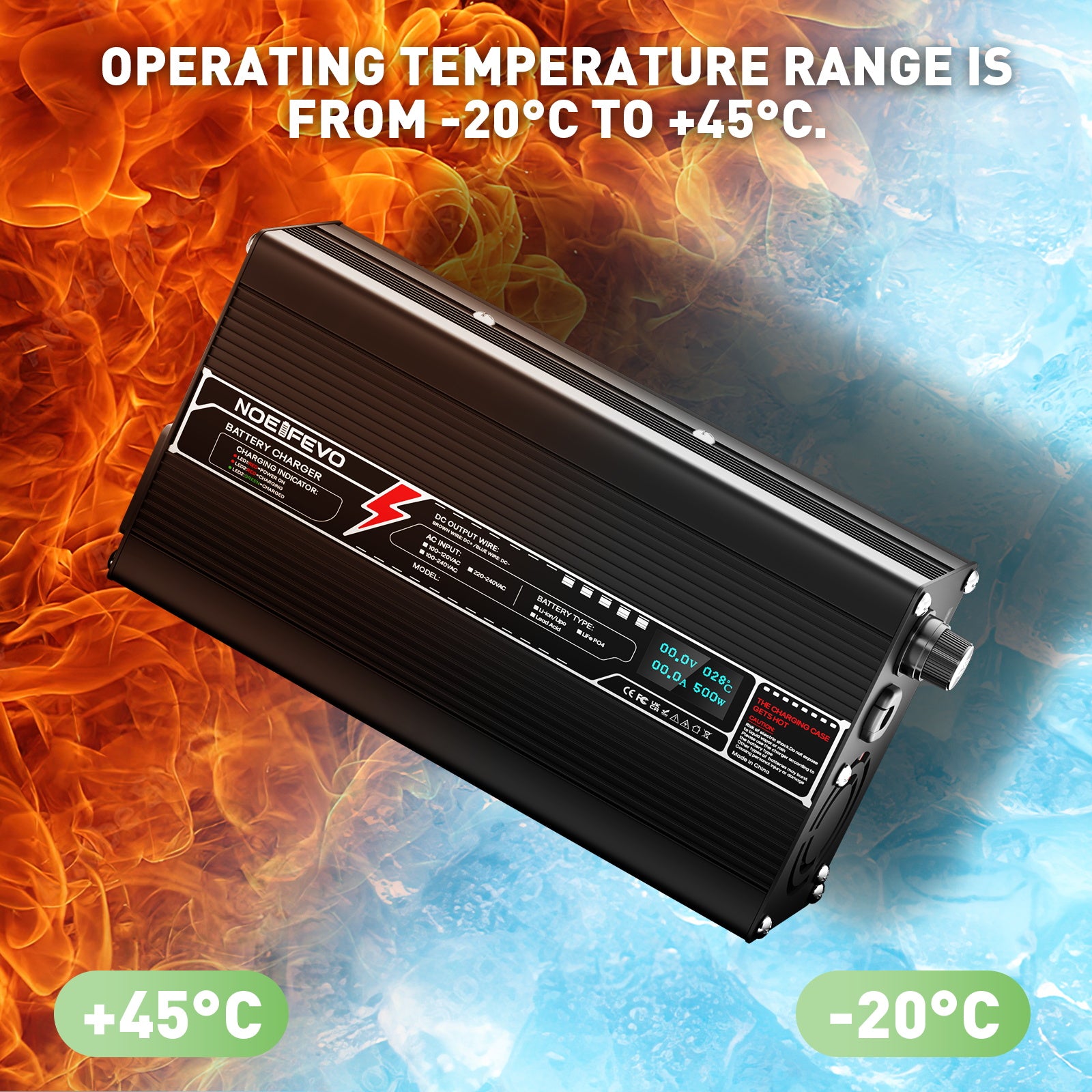 Caricabatterie NOEIFEVO 73V 6A LiFePO4 per batteria al litio LiFePO4 20S 64.0V, display LED, custodia in alluminio.
