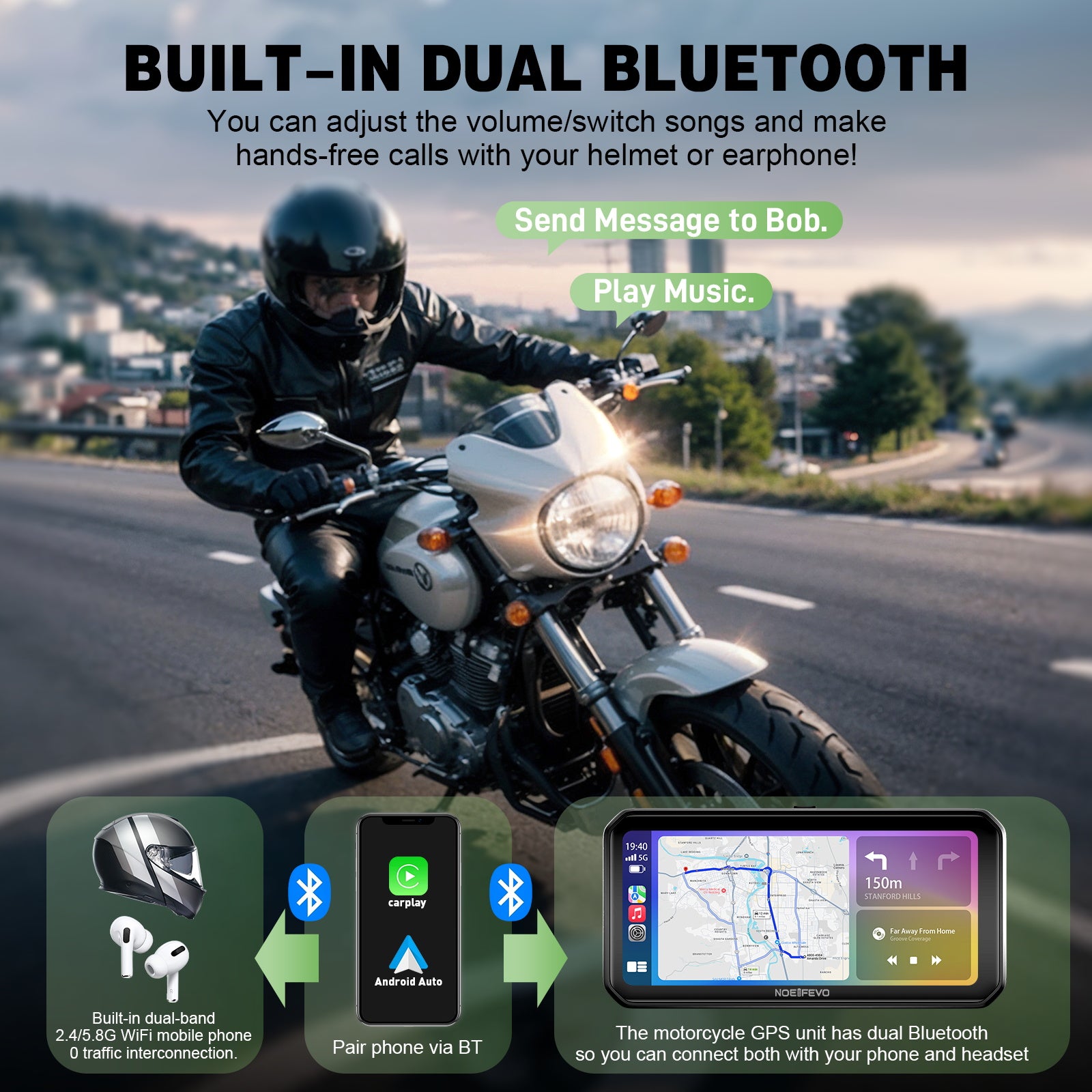 Pantalla CarPlay para motocicleta NOEIFEVO MT9B con detección de ángulo muerto, CarPlay inalámbrico y Android Auto, pantalla táctil portátil impermeable de 6.3 pulgadas, Bluetooth dual mejorado, navegación
