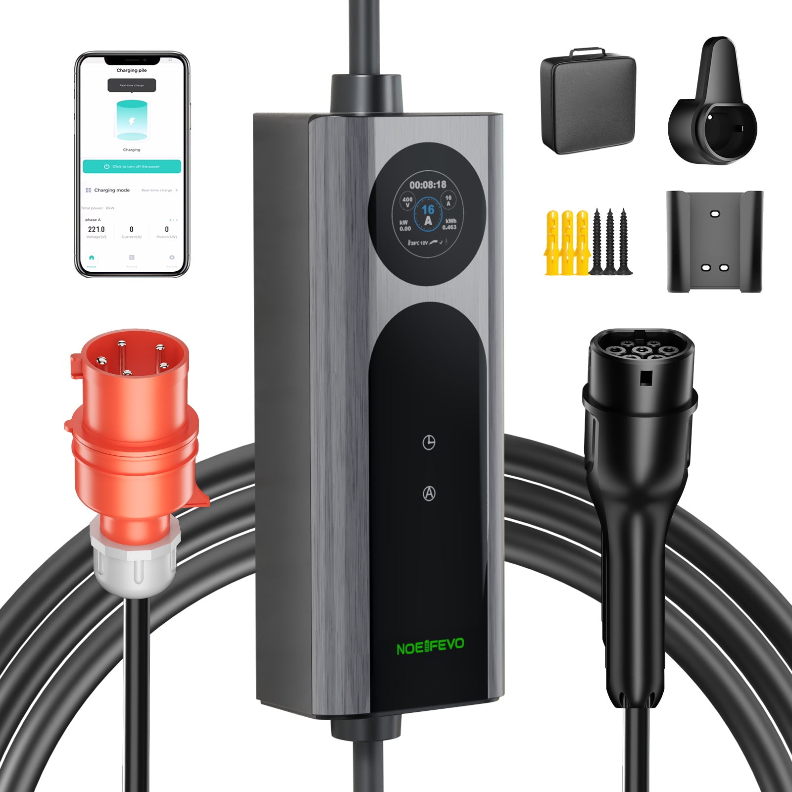 NOEIFEVO Q21W Wlan Caricabatterie per auto elettriche Wallbox mobile 11kW con telecomando APP, cavo di ricarica 5m/10m Tipo2 CEE16A 3phase 