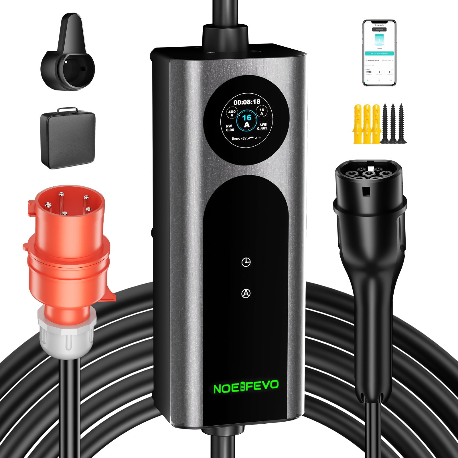 NOEIFEVO Q21W Wlan Mobil Wallbox 11kW med APP fjernkontroll, 5m/10m Type2 CEE16A 3Fas ladekabel elbil
