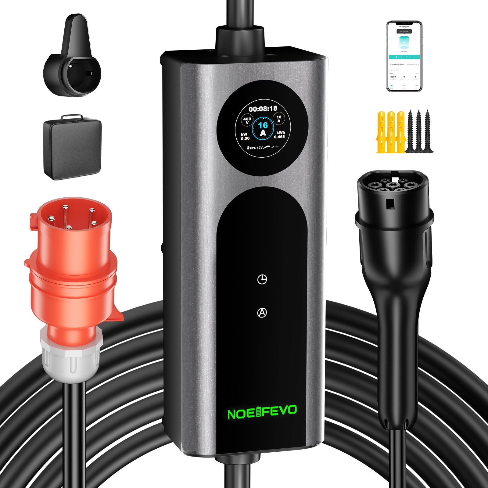 Noeifevo Type 2 Mobil EV Wallbox, 11KW 3-fas CEE16A Justerbar Laddningskraft EV-laddare, 5m/10m/15m EV-laddkabel för Model Y/3, ID.3/4/5, MG4, EX30, e-up, e-tron, Zoe och andra elbilar.
