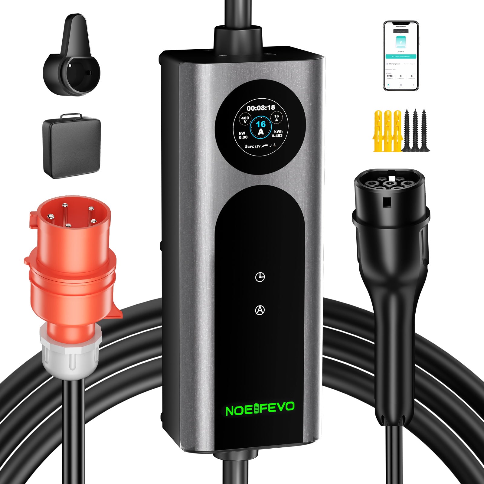 Noeifevo Type 2 Mobil EV Wallbox, 11KW 3-fas CEE16A Justerbar Laddningskraft EV-laddare, 5m/10m/15m EV-laddkabel för Model Y/3, ID.3/4/5, MG4, EX30, e-up, e-tron, Zoe och andra elbilar.
