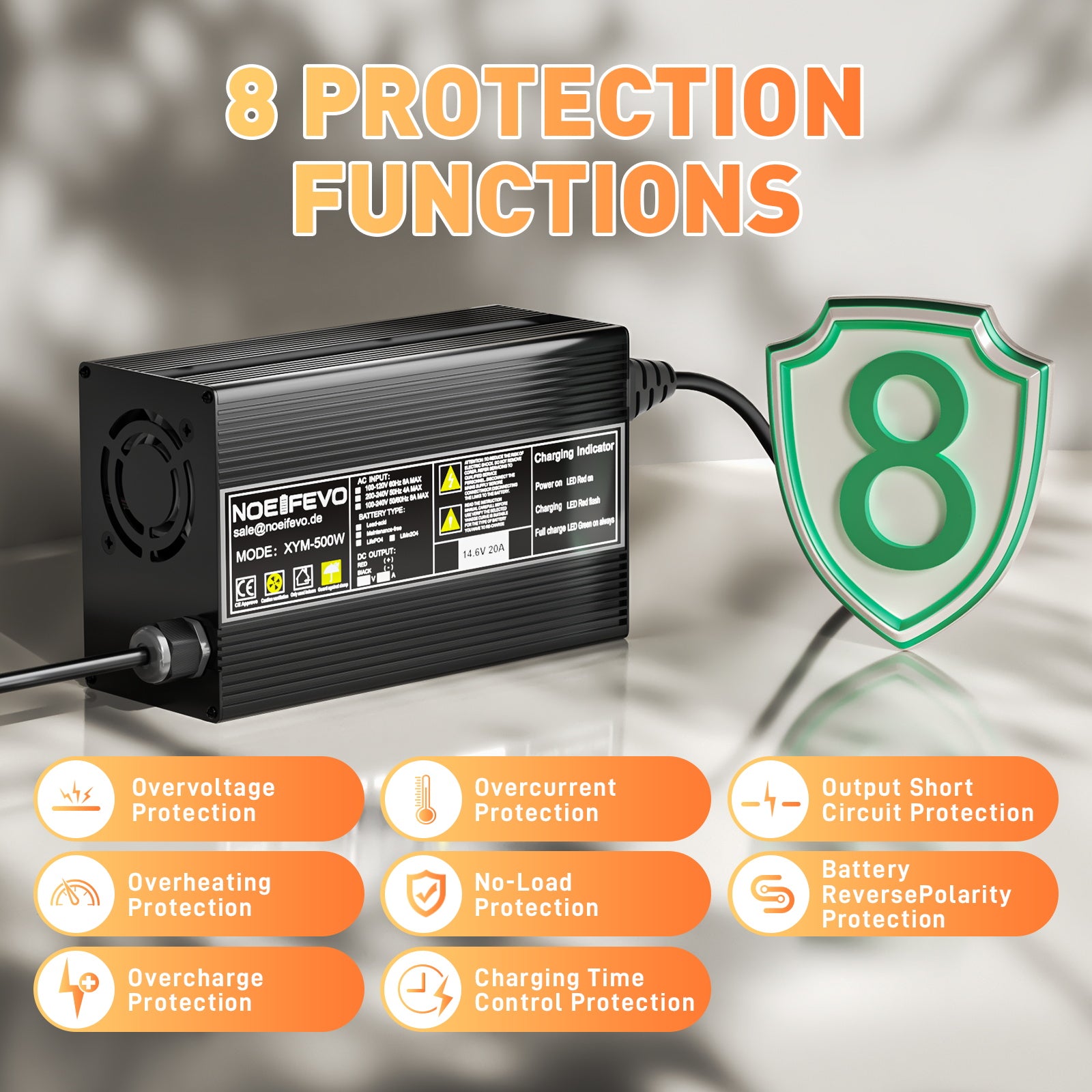 Noeifevo 14,6 V 20 A LiFePO4 batería  de Cargador para batería de litio LiFePO4 de 12 V y 12,8 V, activación BMS de 0 V, apagado automático, carcasa de aleación de aluminio