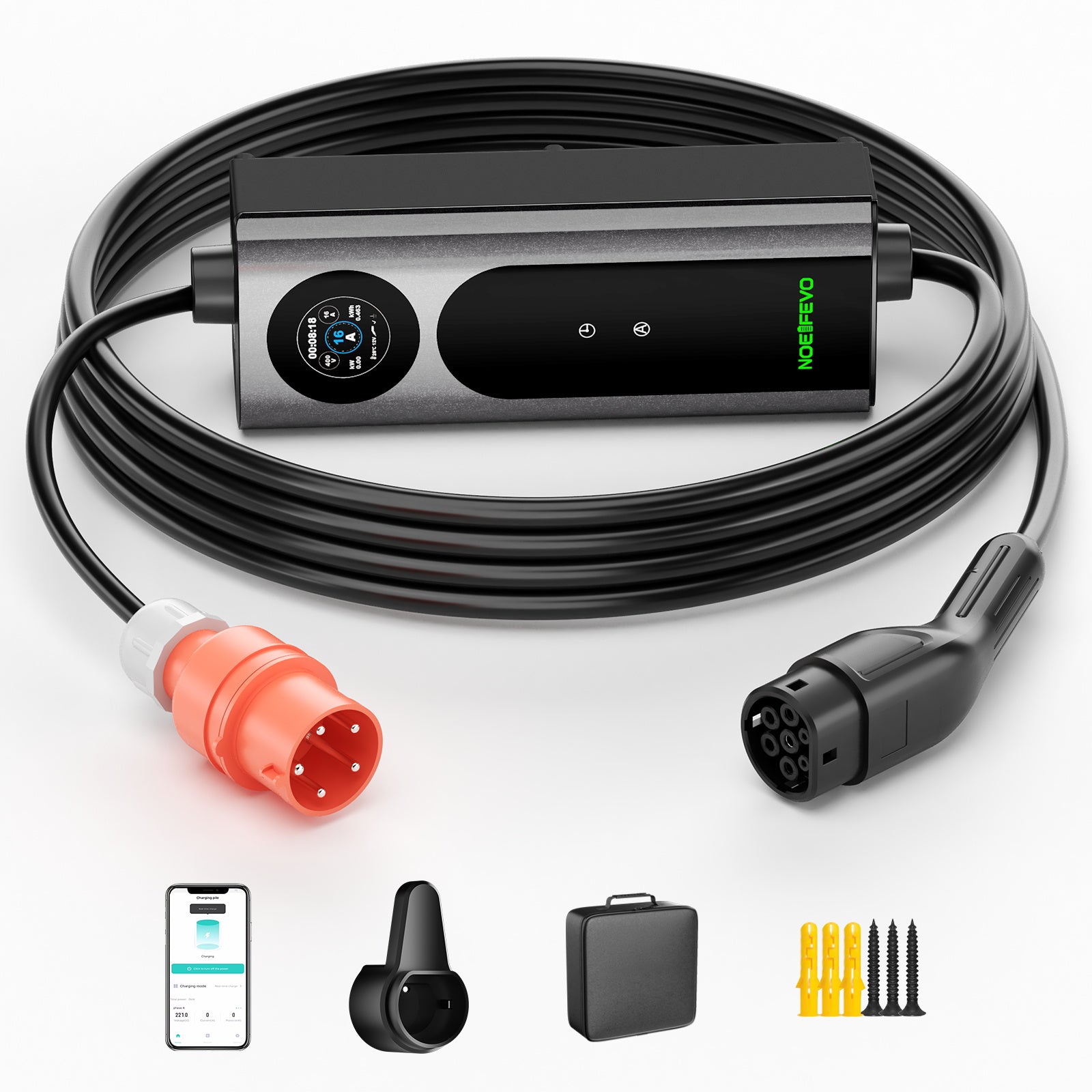 NOEIFEVO Mobil wallbox 11kW med app [5m/10m | 3-fas | 6–16 A], laddkabel för elbil CEE-16A 400V till Typ 2 med justerbar laddeffekt, EV-laddare för ID.3/4/5/7, IX1, Model 3/Y och andra BEV/PHEV
