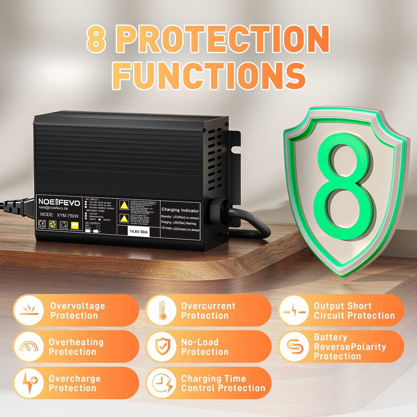 Noeifevo 14,6 V 50A Carregador rápido de bateria de lítio LiFePO4 para bateria LiFePO4 de 12 V (12,8 V), ativação de 0 V BMS, desligamento automático com proteção total