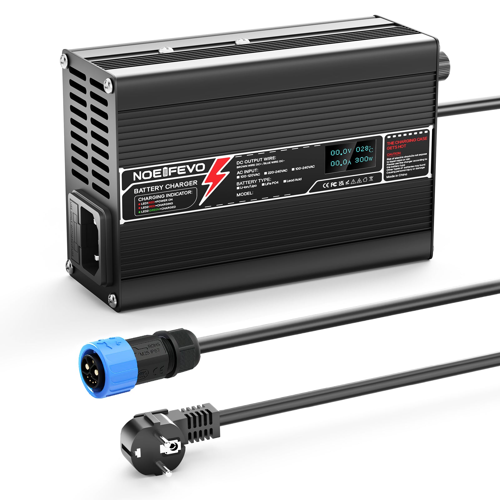 NOEIFEVO 67.2V 4A litiumlader for 16S 59.2V Ebike scooter batteri, LED display, aluminiumshus, vifte