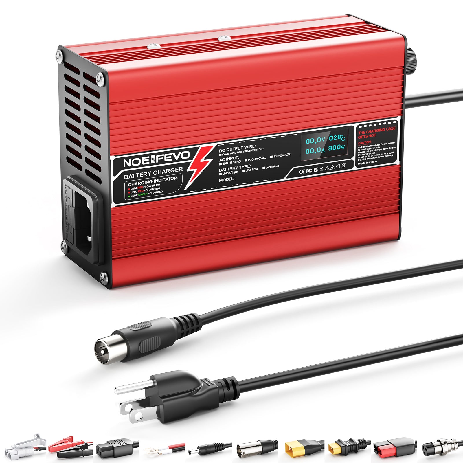 NOEIFEVO 41.4V-44.1V 2A 3A 3.5A 4A Blybatterilader for 36V Blybatteri, kjølevifte, automatisk avstenging (RØD)