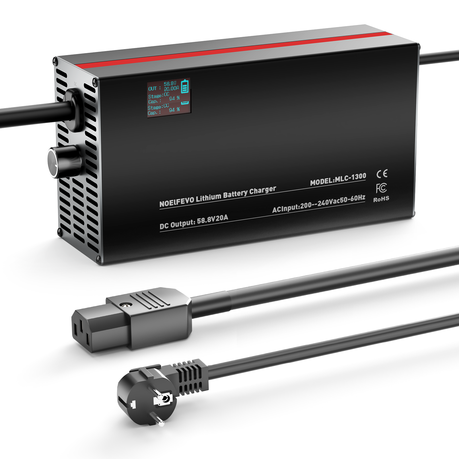 NOEIFEVO 58,8V 2-20A Lithium-baterie nabíječka pro 51.8V 52V 14S Lithium-Li-Ion-Lipo baterii, LCD displej, nastavitelný výkon, nabíječka pro E-kolo, skútr, elektrické motocykly