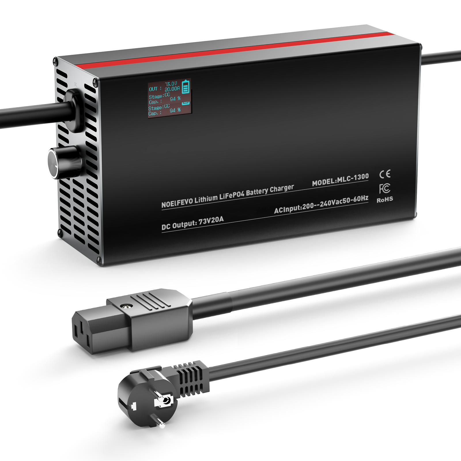 NOEIFEVO 73V 2-20A Lithium-LiFePO4-batterilader for 60V 64V 20S LiFePO4-batteri, LCD-skjerm, justerbar strøm, lader for trollingmotor, båt og campingvogner.