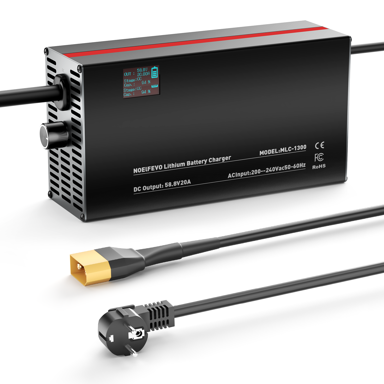 NOEIFEVO 58,8V 2-20A Lithium-baterie nabíječka pro 51.8V 52V 14S Lithium-Li-Ion-Lipo baterii, LCD displej, nastavitelný výkon, nabíječka pro E-kolo, skútr, elektrické motocykly