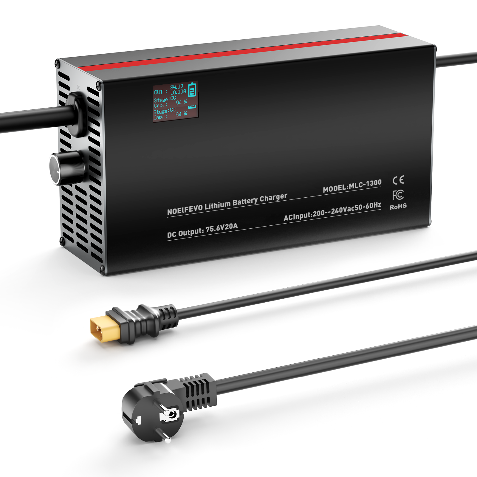 NOEIFEVO 84V 2-20A Caricabatterie per batterie al litio 74V 20S Li-Ion-Lipo, con display LCD, corrente regolabile, caricabatterie per e-bike, scooter, moto elettriche