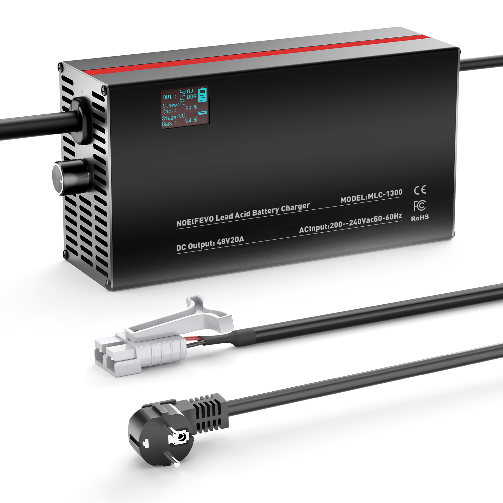 NOEIFEVO 48V 2A-20A Ström Justerbart Batteriladdare för Blysyra-batterier, AGM, Gel, Golfvagns-batteriladdare, LED-display