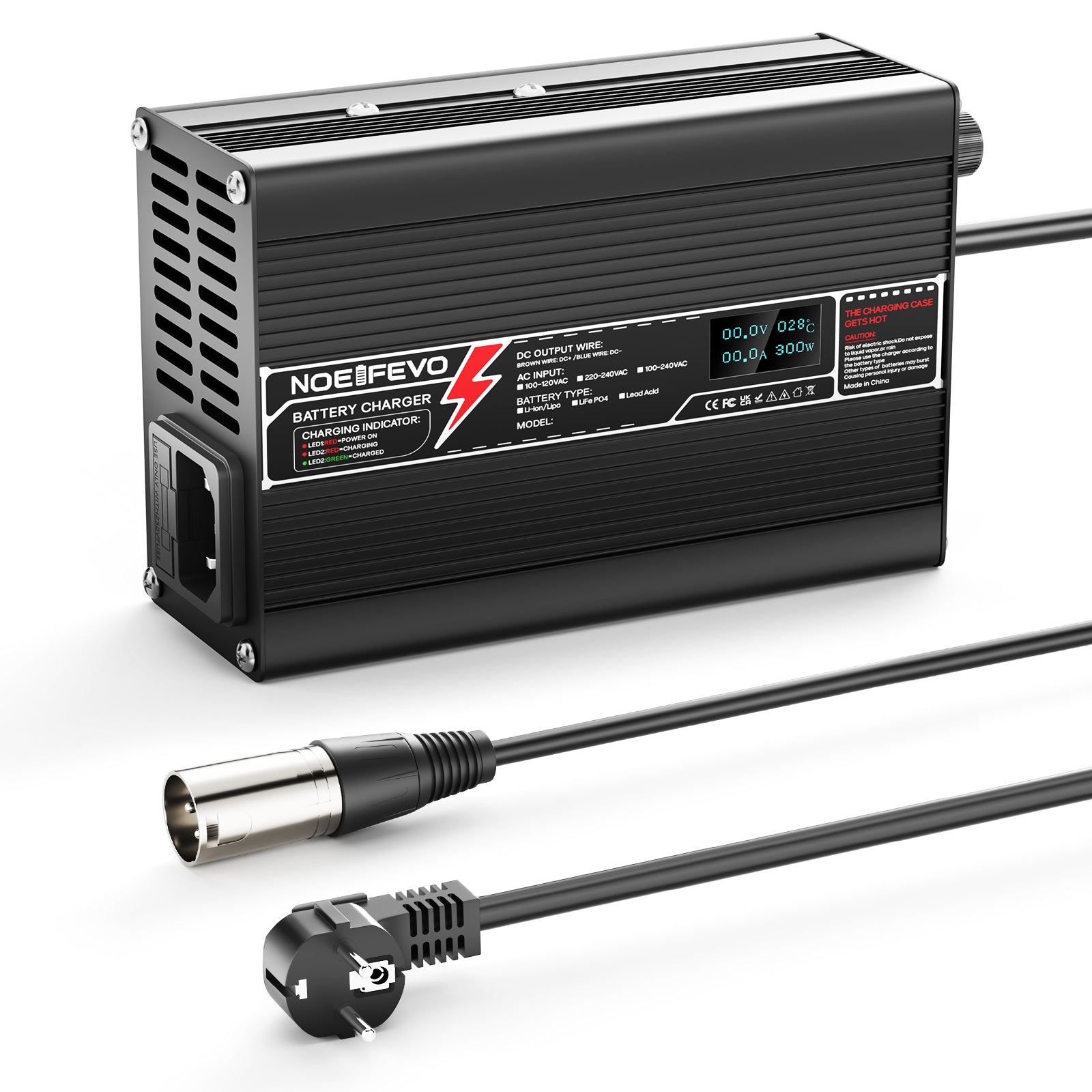 NOEIFEVO 67.2V 4A litiumlader for 16S 59.2V Ebike scooter batteri, LED display, aluminiumshus, vifte