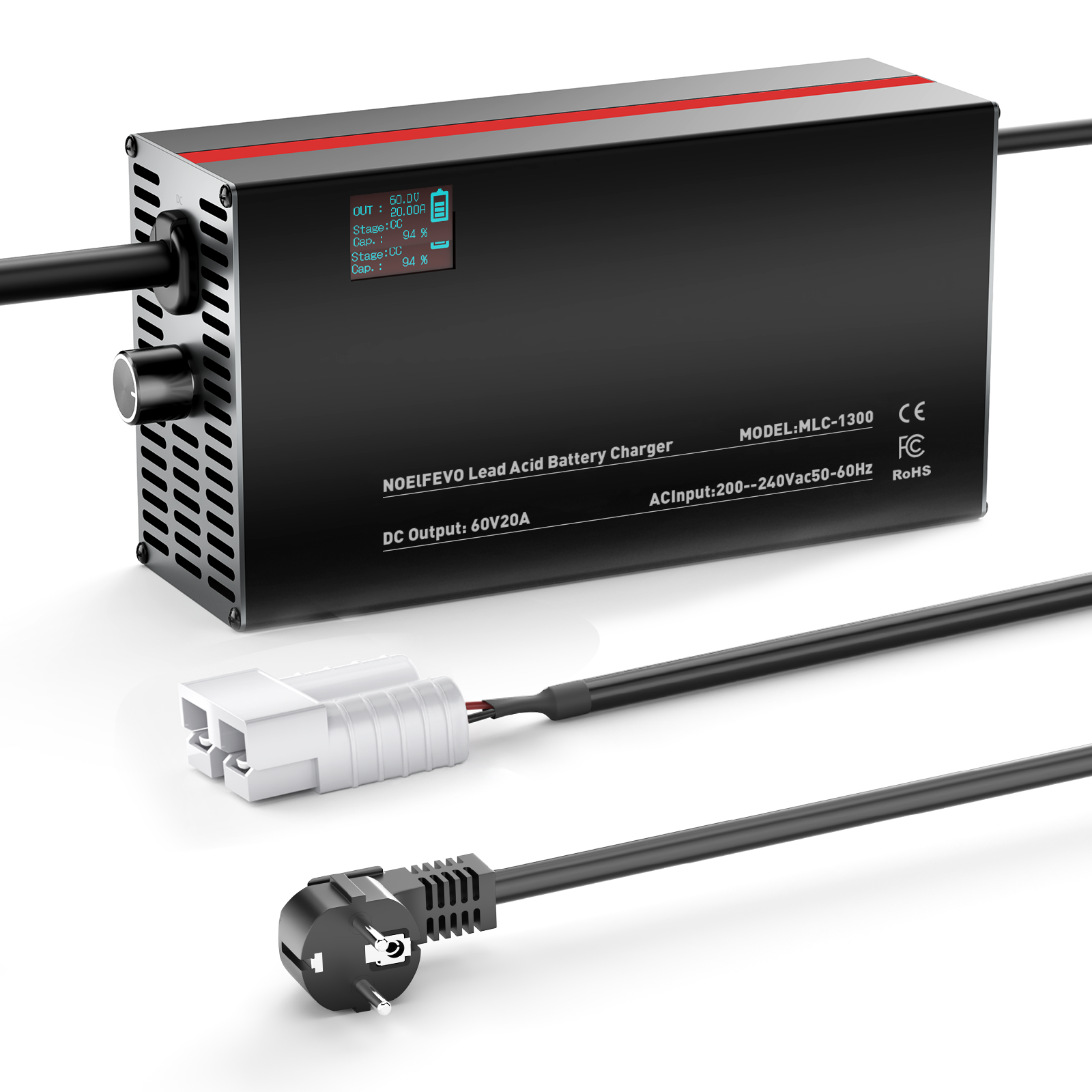 NOEIFEVO 48V 2A-20A Ström Justerbart Batteriladdare för Blysyra-batterier, AGM, Gel, Golfvagns-batteriladdare, LED-display