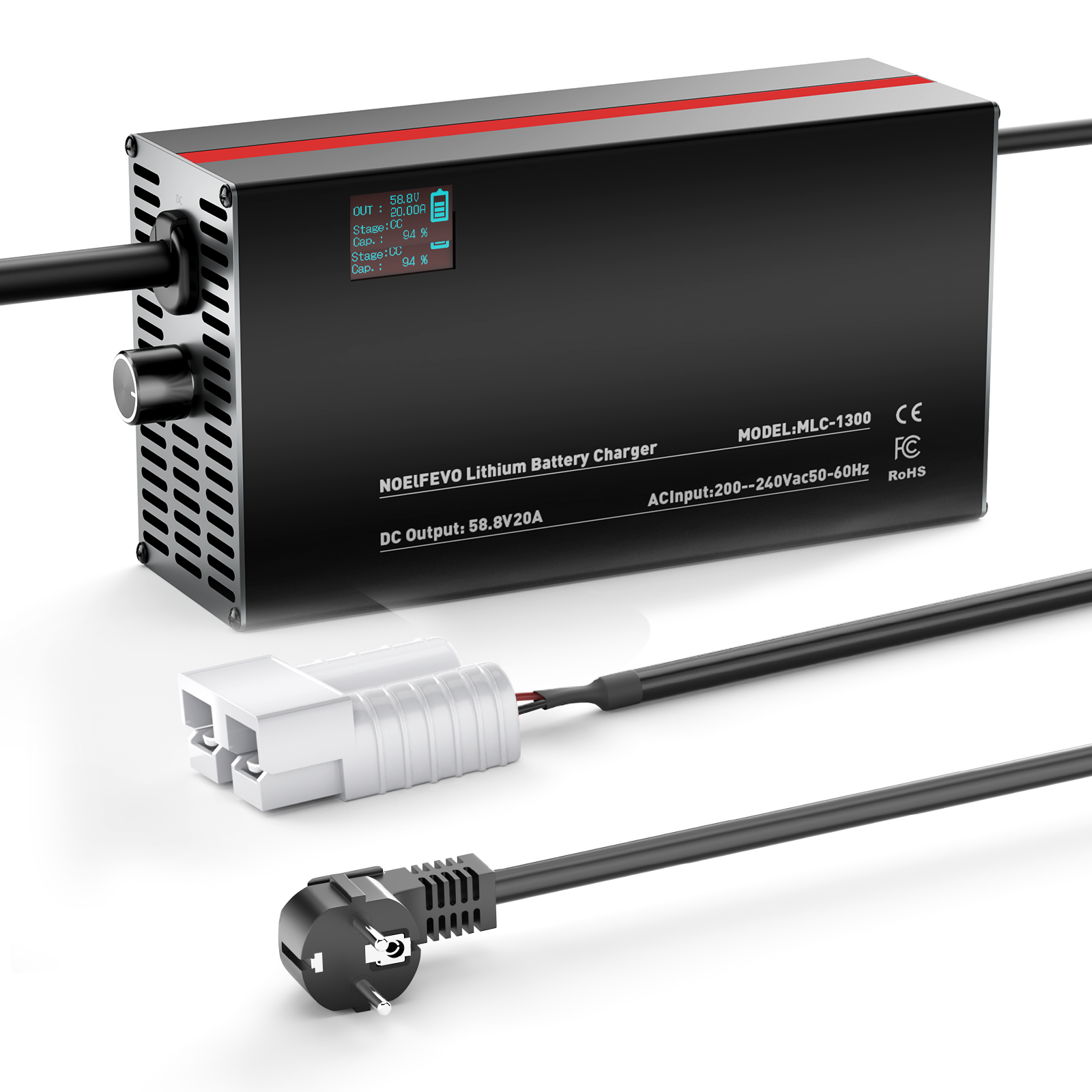 NOEIFEVO 58,8V 2-20A Lithium-baterie nabíječka pro 51.8V 52V 14S Lithium-Li-Ion-Lipo baterii, LCD displej, nastavitelný výkon, nabíječka pro E-kolo, skútr, elektrické motocykly