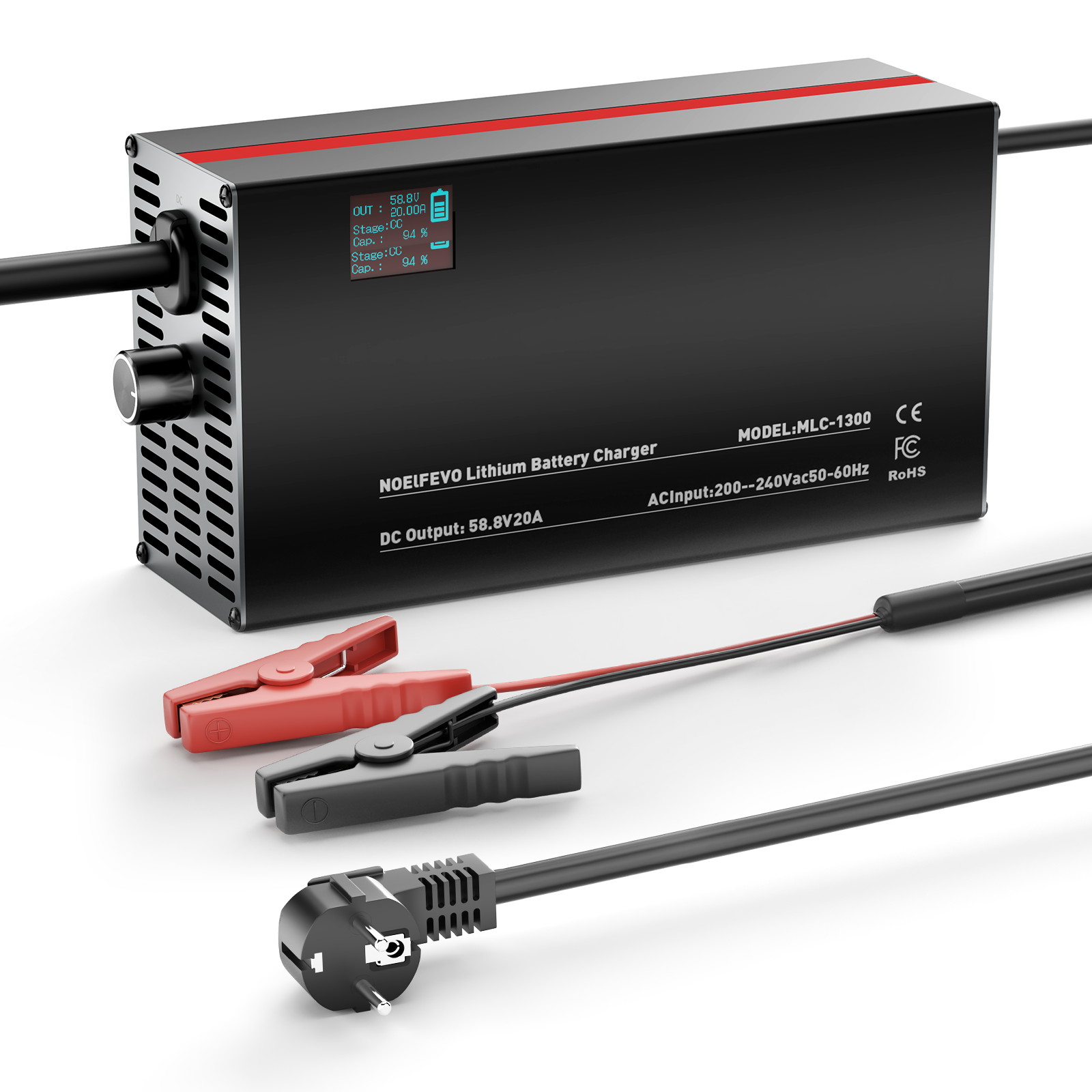 NOEIFEVO 58,8V 2-20A Lithium-baterie nabíječka pro 51.8V 52V 14S Lithium-Li-Ion-Lipo baterii, LCD displej, nastavitelný výkon, nabíječka pro E-kolo, skútr, elektrické motocykly