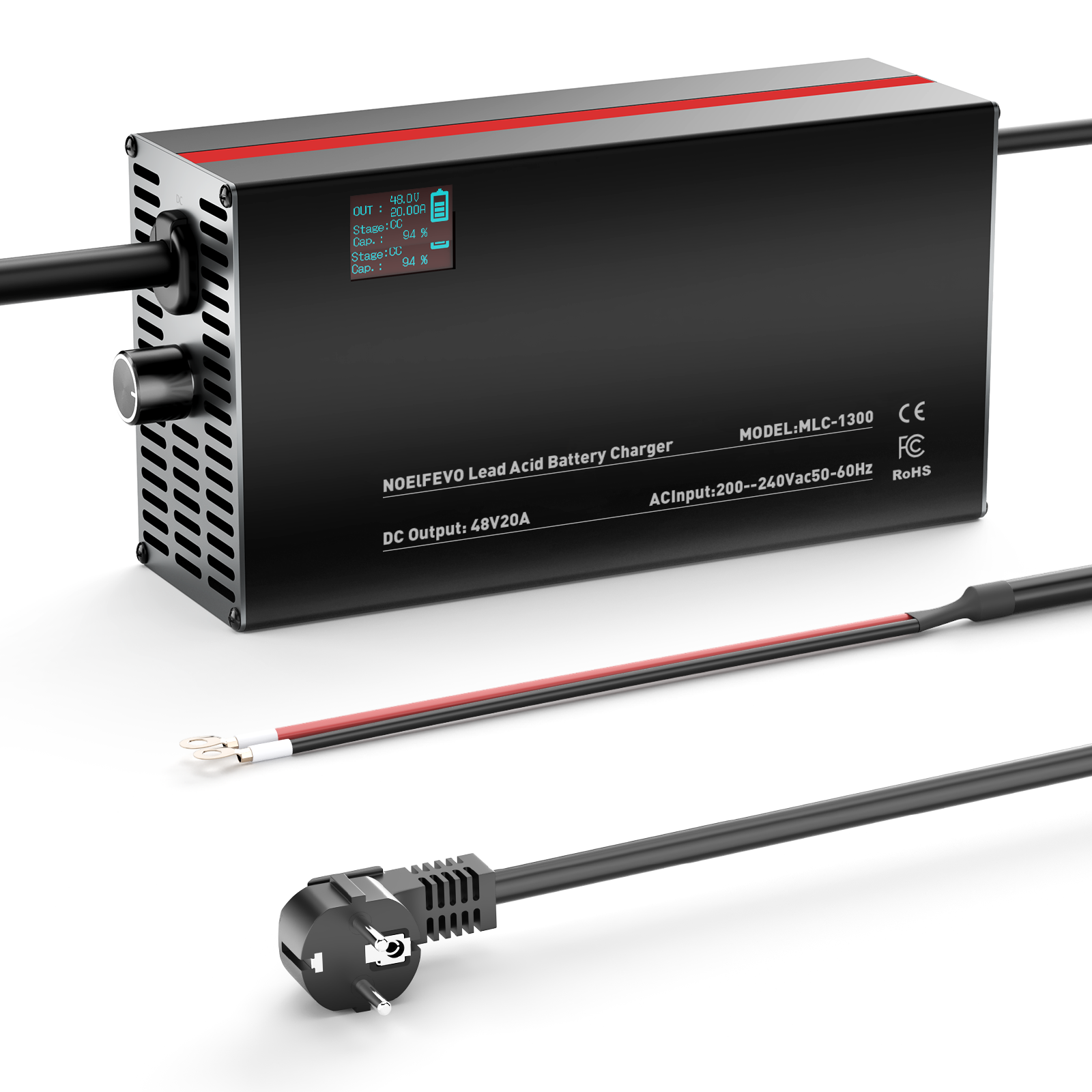 NOEIFEVO 48V 2A-20A Ström Justerbart Batteriladdare för Blysyra-batterier, AGM, Gel, Golfvagns-batteriladdare, LED-display