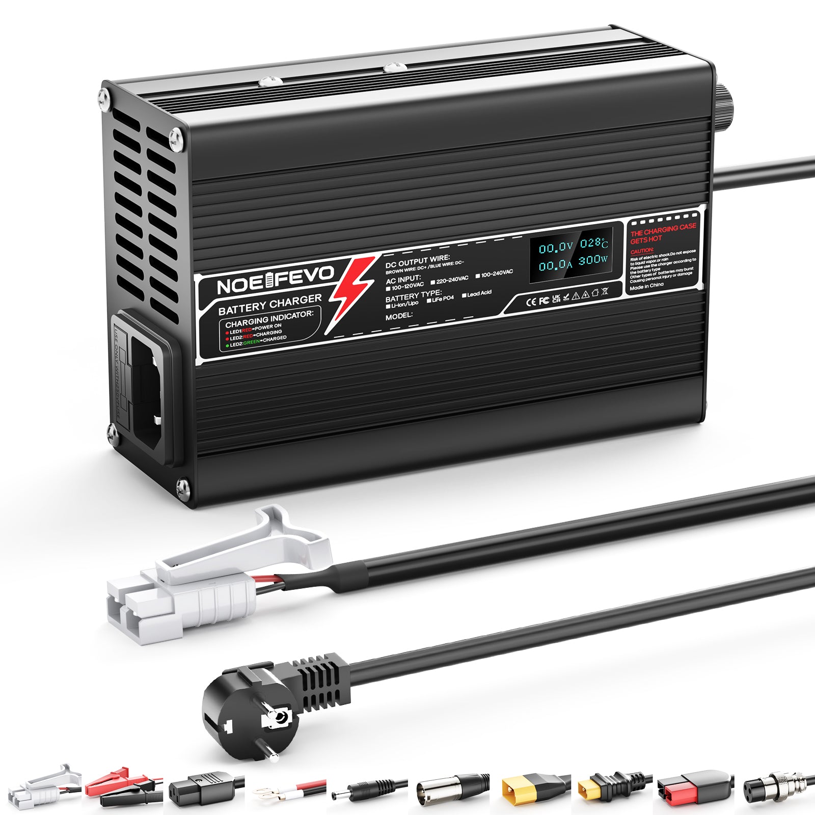 NOEIFEVO 67.2V 4A litiumlader for 16S 59.2V Ebike scooter batteri, LED display, aluminiumshus, vifte
