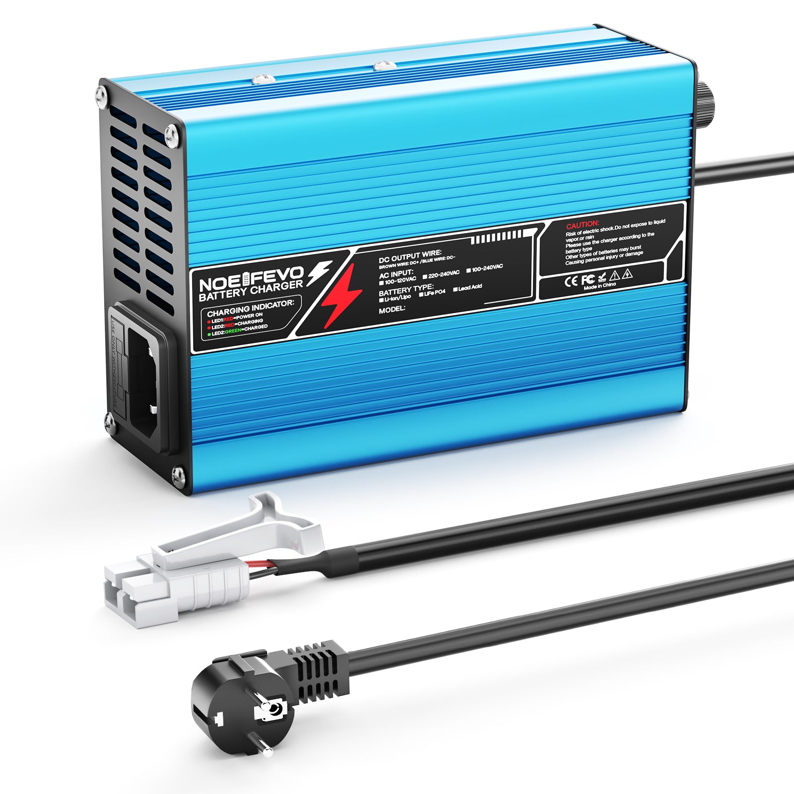 NOEIFEVO 12,6V 5A 6A 7A 8A 10A litiumlader for 3S 11,1V Li-Ion Lipo-batterier, kjølevifte, automatisk avstenging (BLÅ)