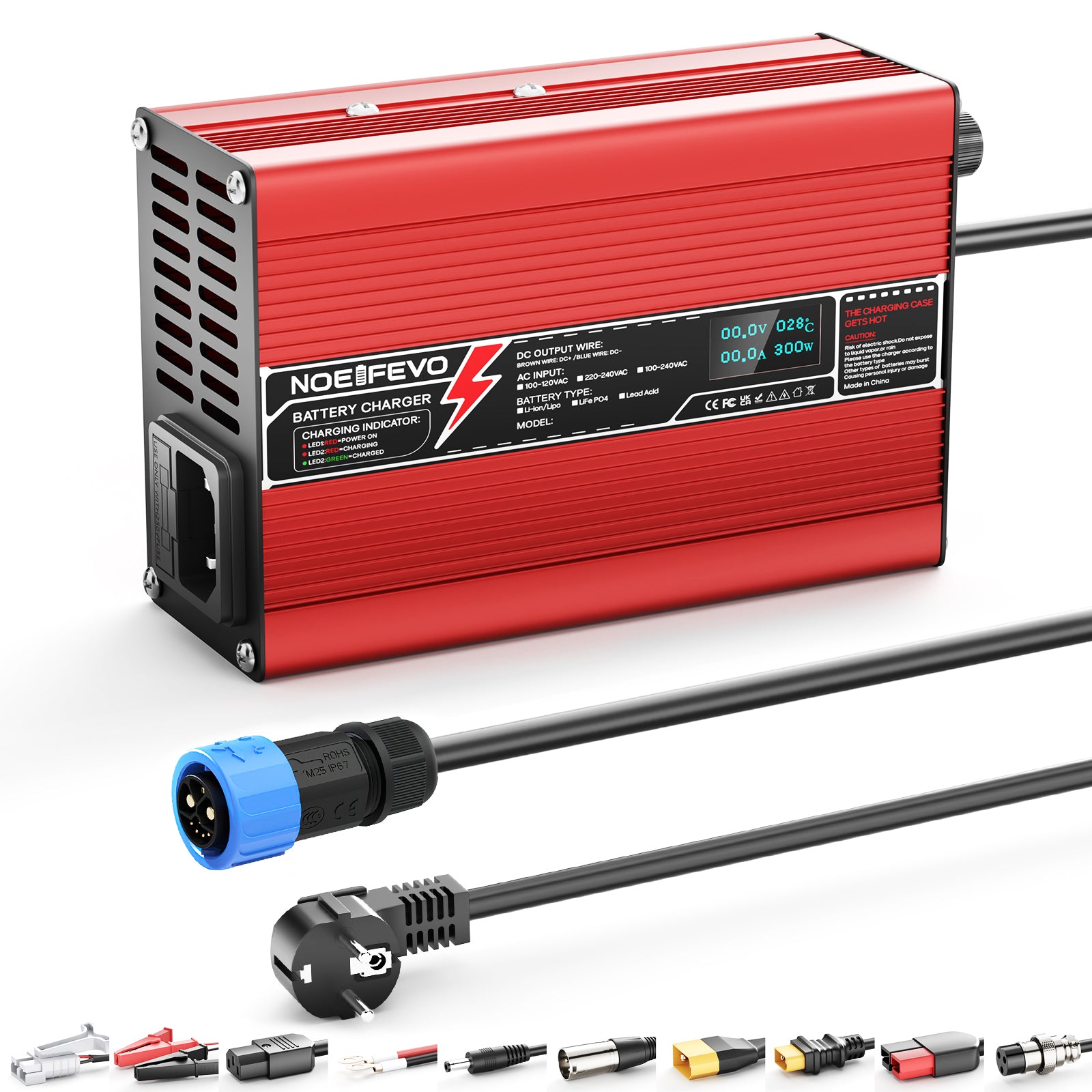 NOEIFEVO 41.4V-44.1V 2A 3A 3.5A 4A Blybatterilader for 36V Blybatteri, kjølevifte, automatisk avstenging (RØD)