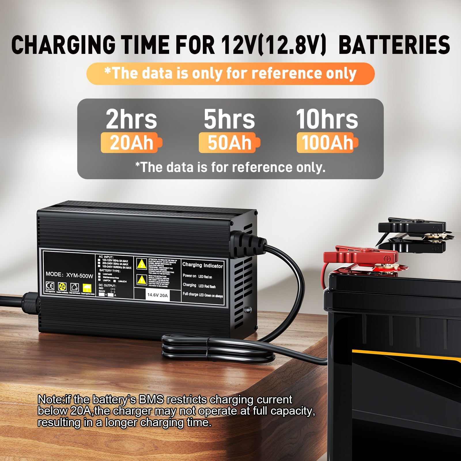 Noeifevo 14,6 V 20 A LiFePO4 batería  de Cargador para batería de litio LiFePO4 de 12 V y 12,8 V, activación BMS de 0 V, apagado automático, carcasa de aleación de aluminio