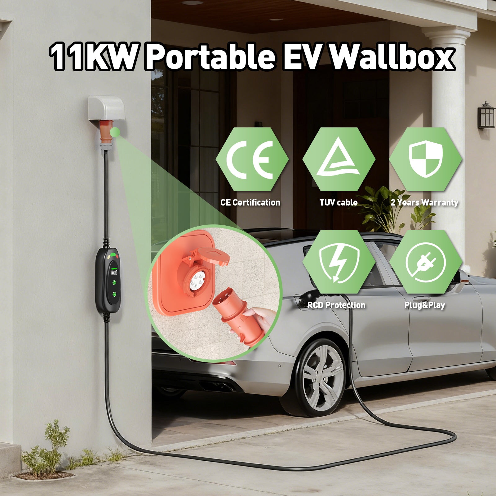 NOEIFEVO Typ2 Mobile Wallbox/Ladestation 11 kW 3-Phasen, 6-16 A Einstellbarer Ladestrom, 1-10 Stunden Verzögerungs-Ladung, CEE 16A auf Typ2 Tragbarer EV-Ladegerät , Für alle Typ2 EV & PHEV