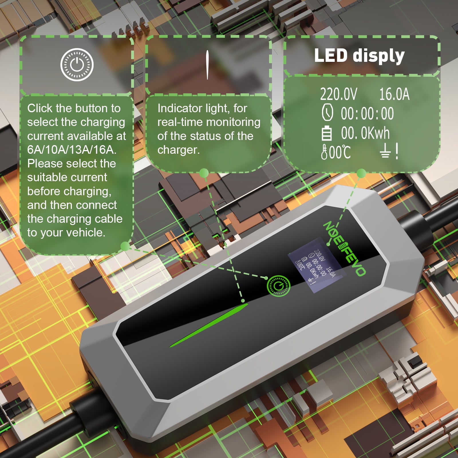 NOEIFEVO F072 3,68 kW Typ 2 Mobile Wallbox mit Reiseadapter, EV-Ladegerät mit Haushalts-Schukostecker für Elektrofahrzeuge, 6 A bis 16 A einstellbarer Strom, 6 m/11 m Typ 2 Stecker auf Typ 2 Buchse Ladekabel