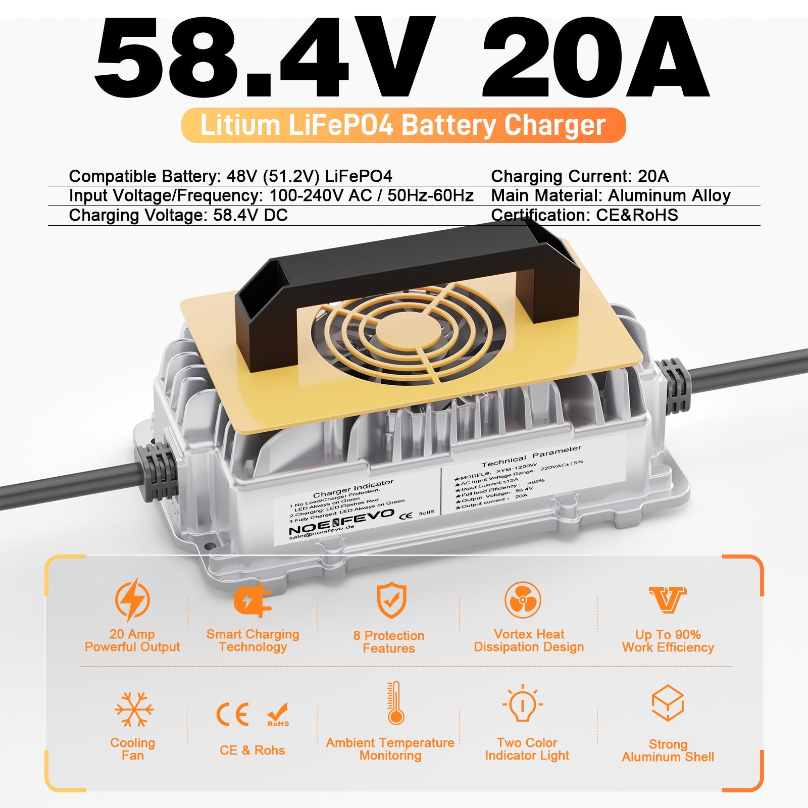 NOEIFEVO 58.4V 20A Lithium Lifepo4 batterioplader til 48V (51.2V)16S batteri, vandtæt, 0 V BMS aktivering, automatisk nedlukning med fuld beskyttelse
