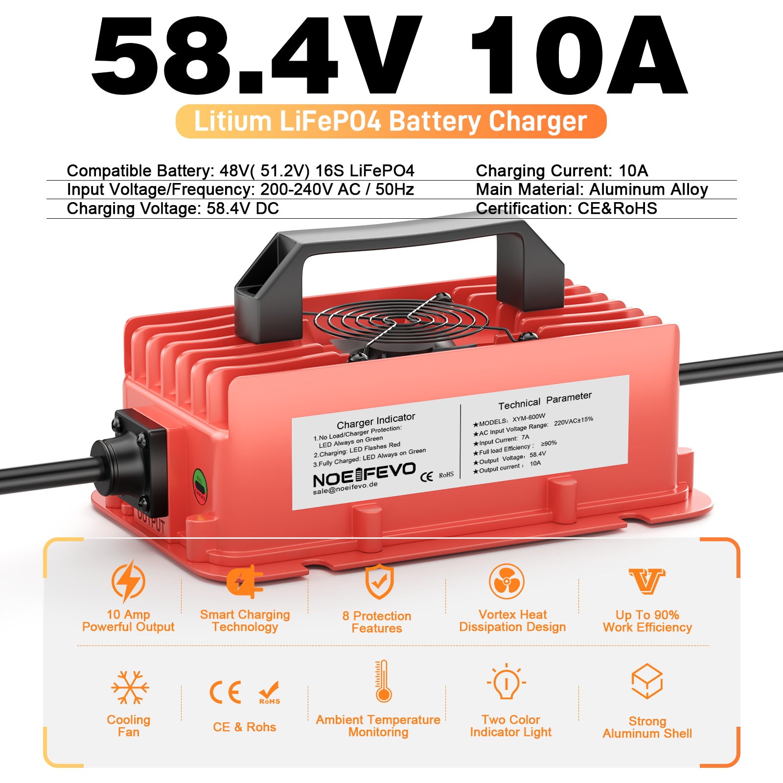 NOEIFEVO 58.4V 10A Litium LiFePO4 batteriladdare för 51.2V(48V) 16S batteri, vattentät, automatisk avstängning med fullt skydd
​