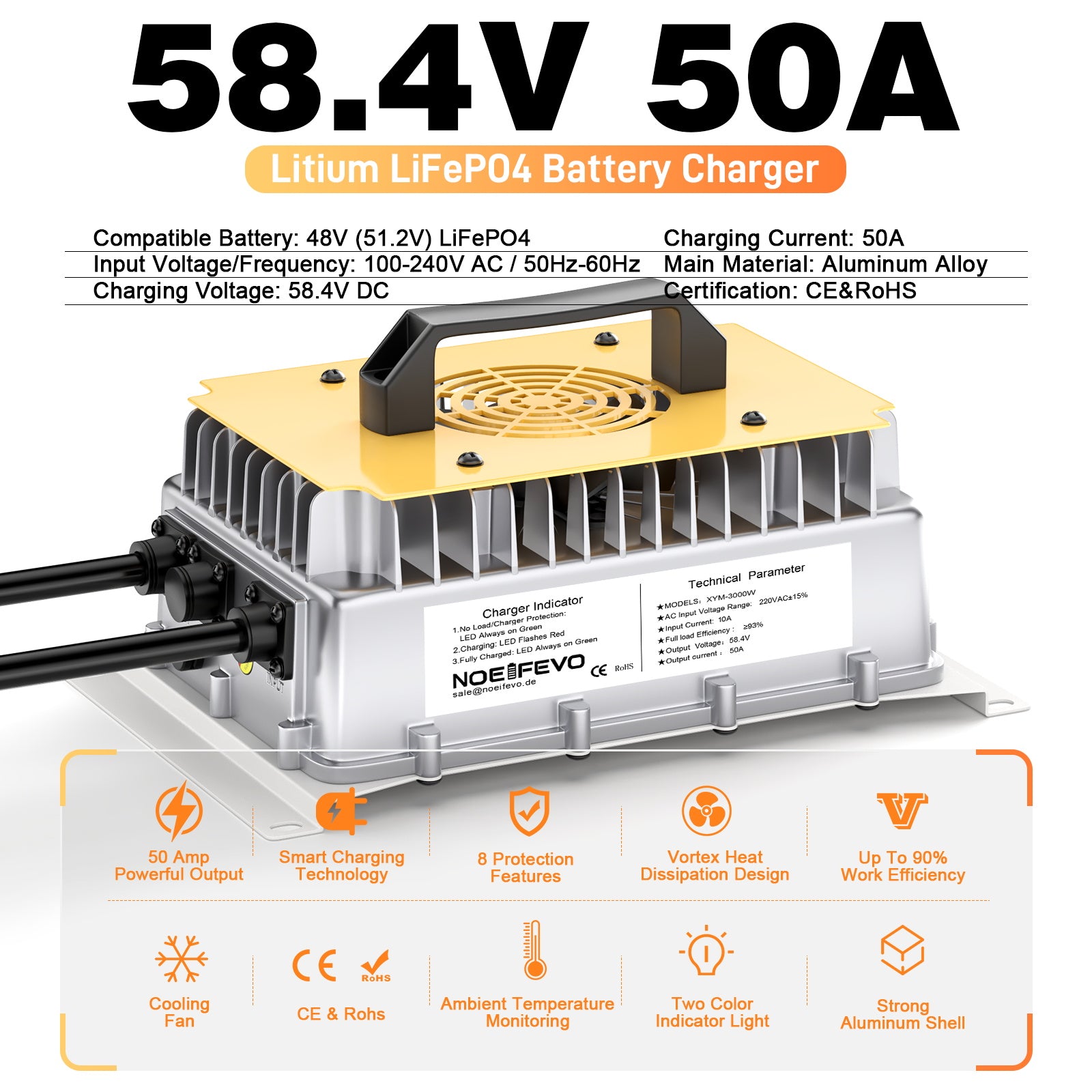 NOEIFEVO 58.4V 50A מטען סוללות LiFePO4 עבור 51.2V (48V) 16S LiFePO4 סוללה, עמיד למים, 0V BMS מופעל