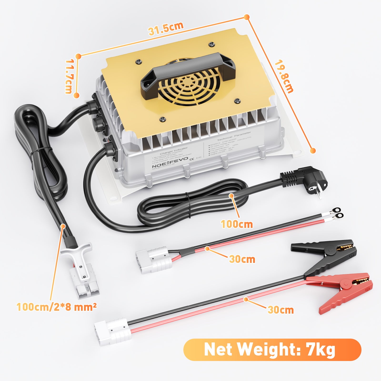 NOEIFEVO 58.4V 50A מטען סוללות LiFePO4 עבור 51.2V (48V) 16S LiFePO4 סוללה, עמיד למים, 0V BMS מופעל