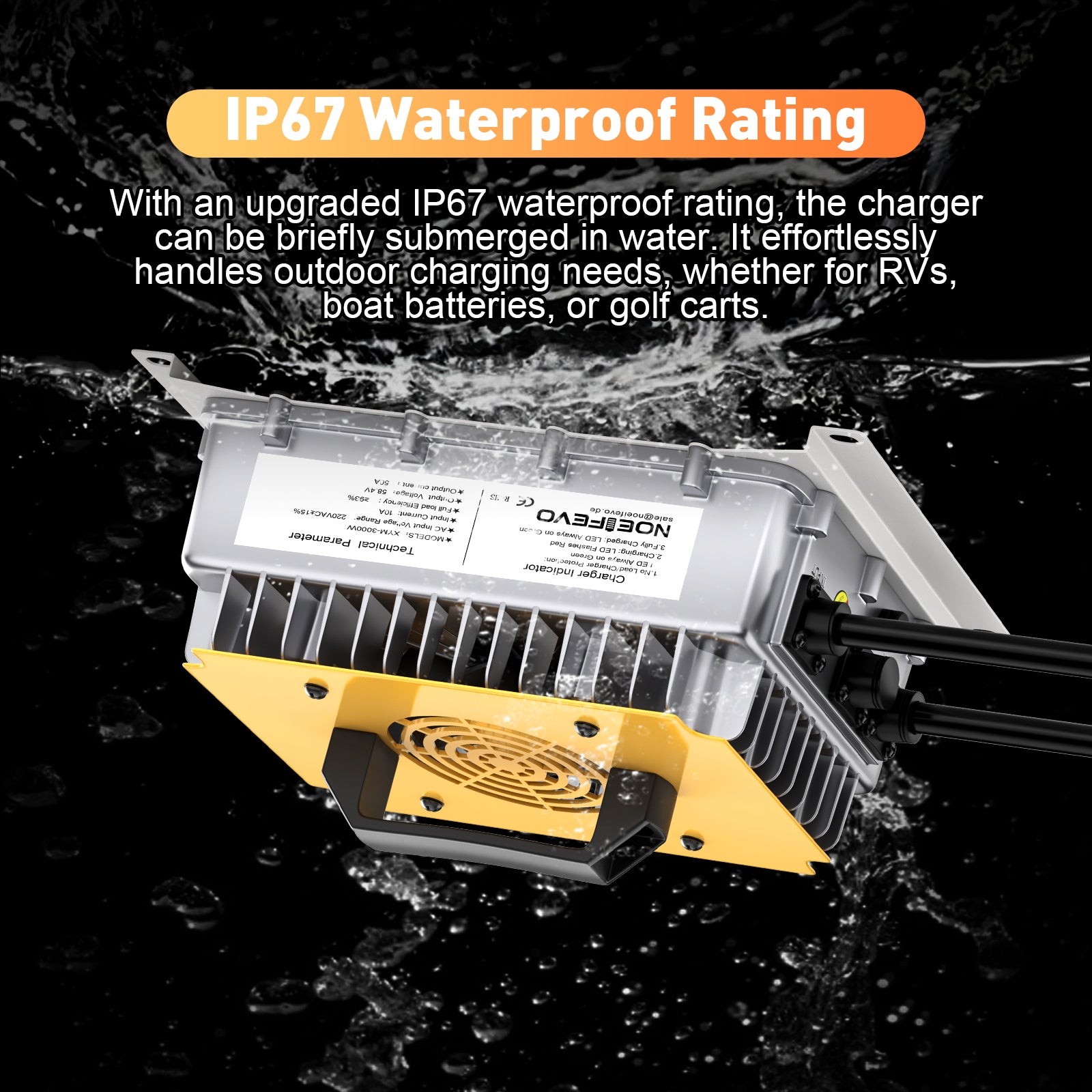 NOEIFEVO 58.4V 50A מטען סוללות LiFePO4 עבור 51.2V (48V) 16S LiFePO4 סוללה, עמיד למים, 0V BMS מופעל