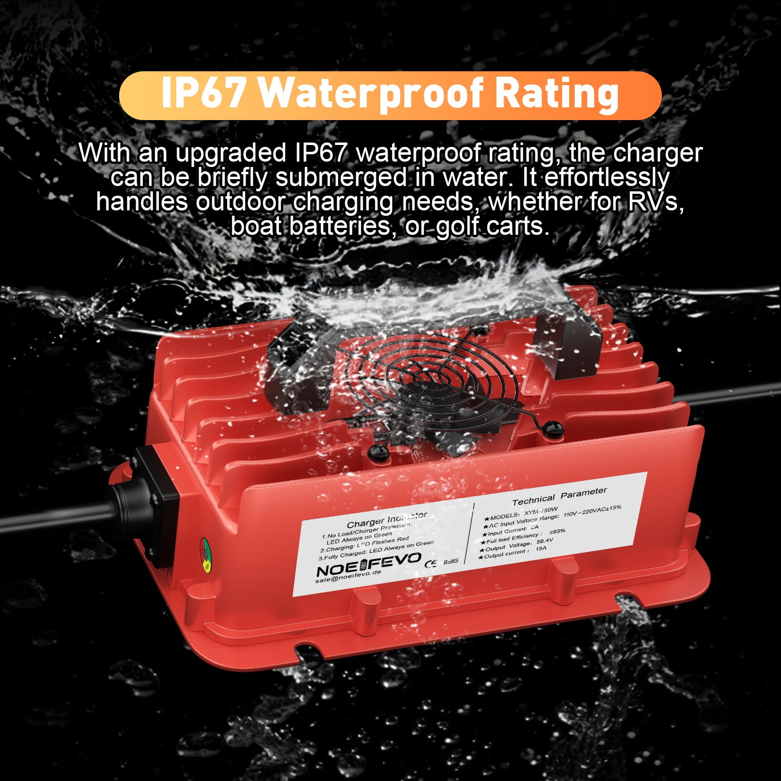 NOEIFEVO 58.4V 15A Cargador de batería LiFePO4 impermeable para batería 51.2V(48V) 16S LiFePO4